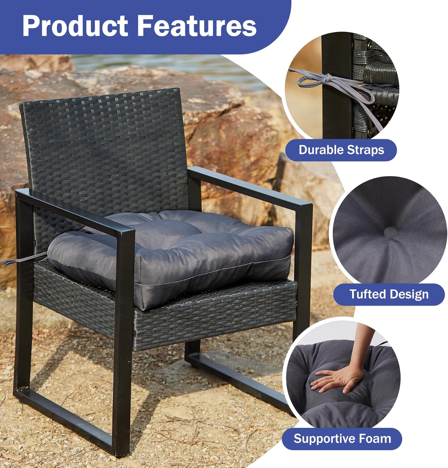 IPYNBAP Outdoor Chair Cushions Set of 2, Patio Chair Cushions with Ties,19x19+5” Tufted Outdoor Seat Cushions, Waterproof Patio Furniture Cushions, Outdoor Dining Chair Pads, Dark Grey