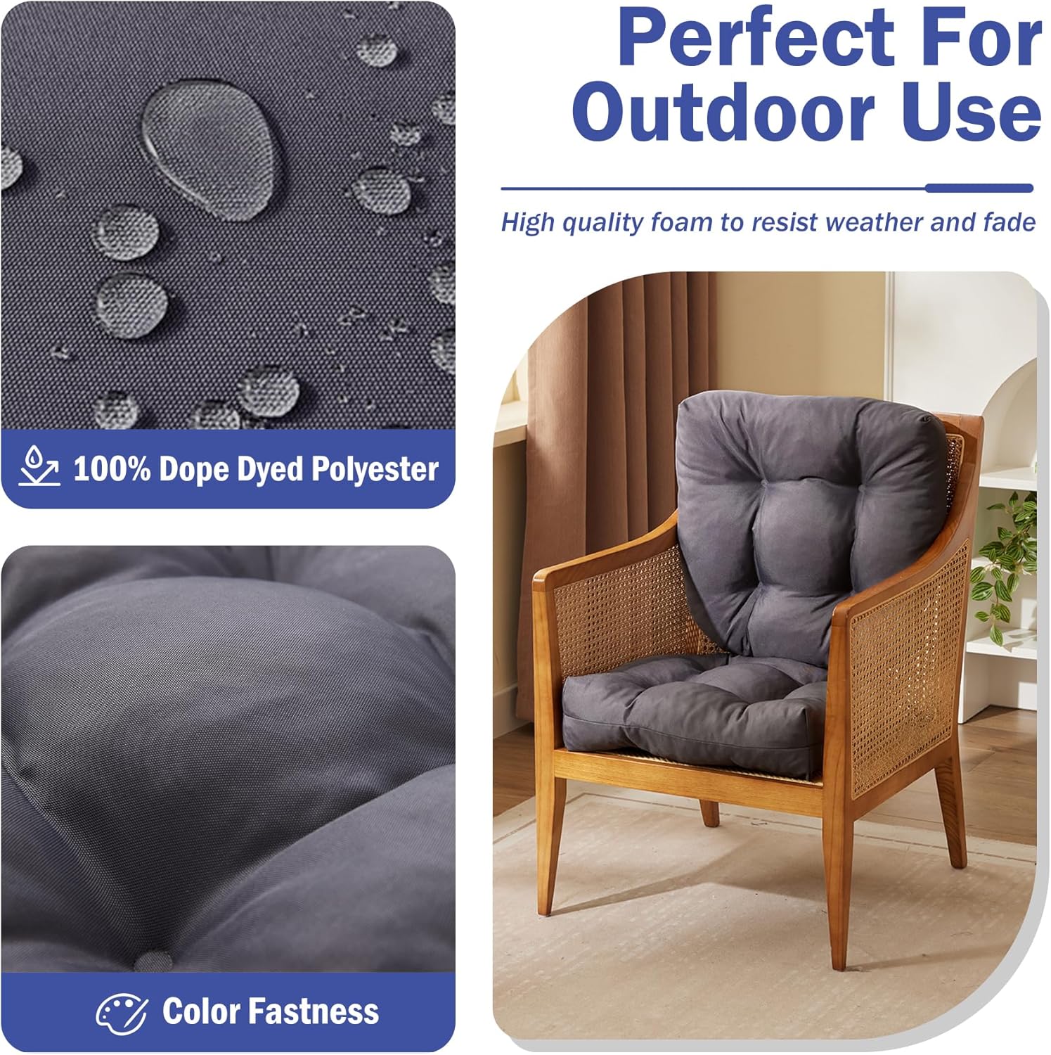 IPYNBAP Outdoor Chair Cushions Set of 2, Patio Chair Cushions with Ties,19x19+5” Tufted Outdoor Seat Cushions, Waterproof Patio Furniture Cushions, Outdoor Dining Chair Pads, Dark Grey