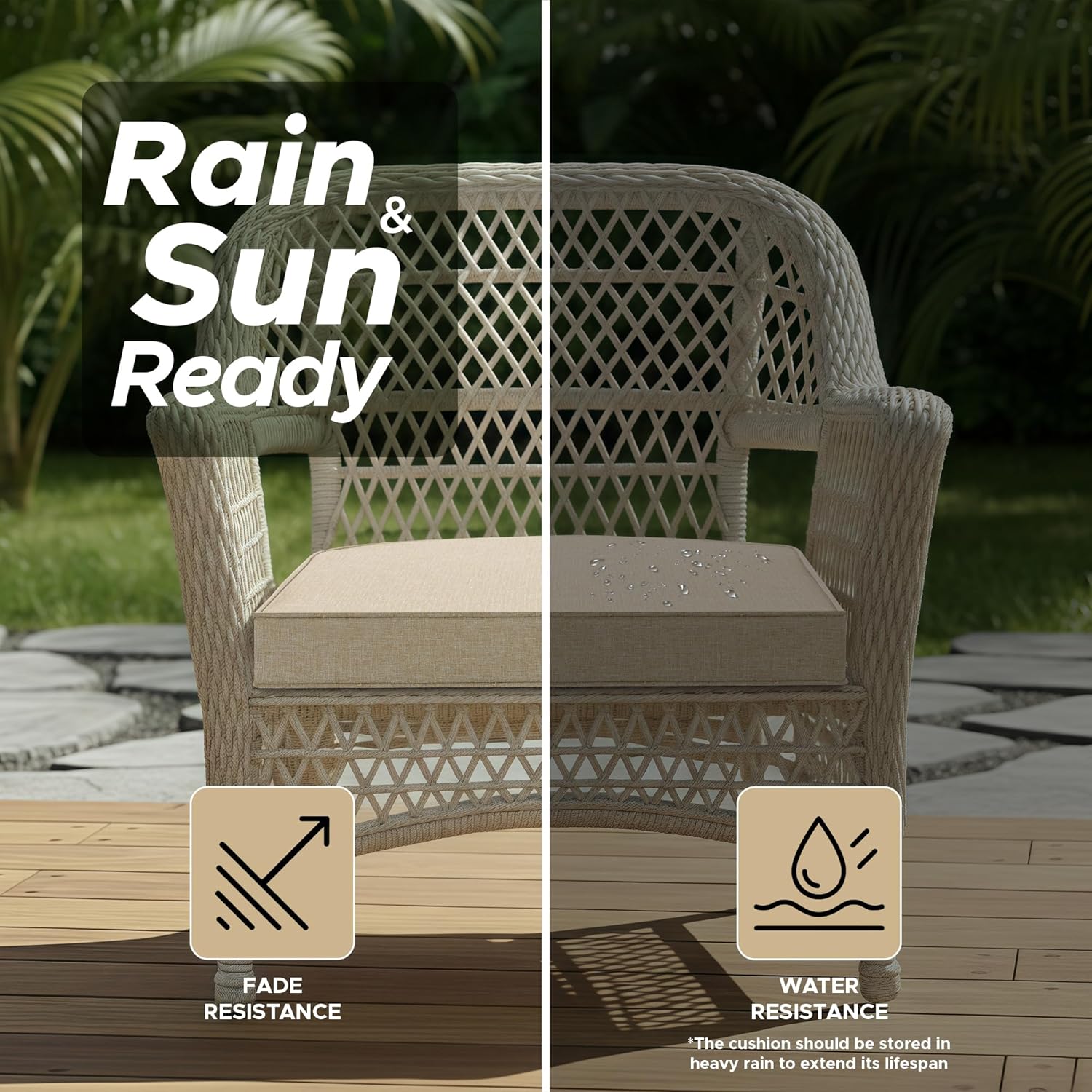 Outdoor Chair Cushions, Fade-Resistant & Water-Resistant, D Shaped Patio Furniture Seat Chair Pads Replacement with Ties, Non-Slip Bottom, Removable Cover, Set of 4, 17 x 16 Inch, Natural