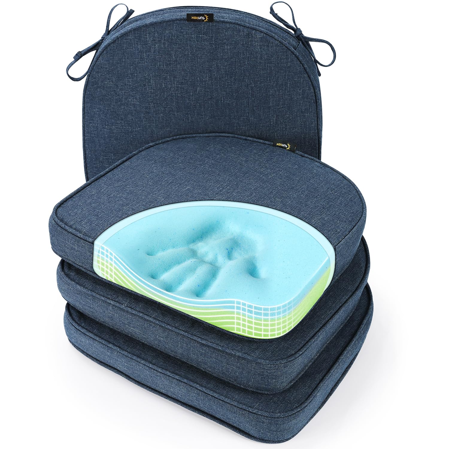 SUNROX Gel Memory Foam Chair Cushions, FadeShield Water-, Stain-Resistant Durable Reversible Seat Cushion Pads with Ties for Indoor/Outdoor Kitchen Dining Office 17"x16" Set of 4, Husk Birch