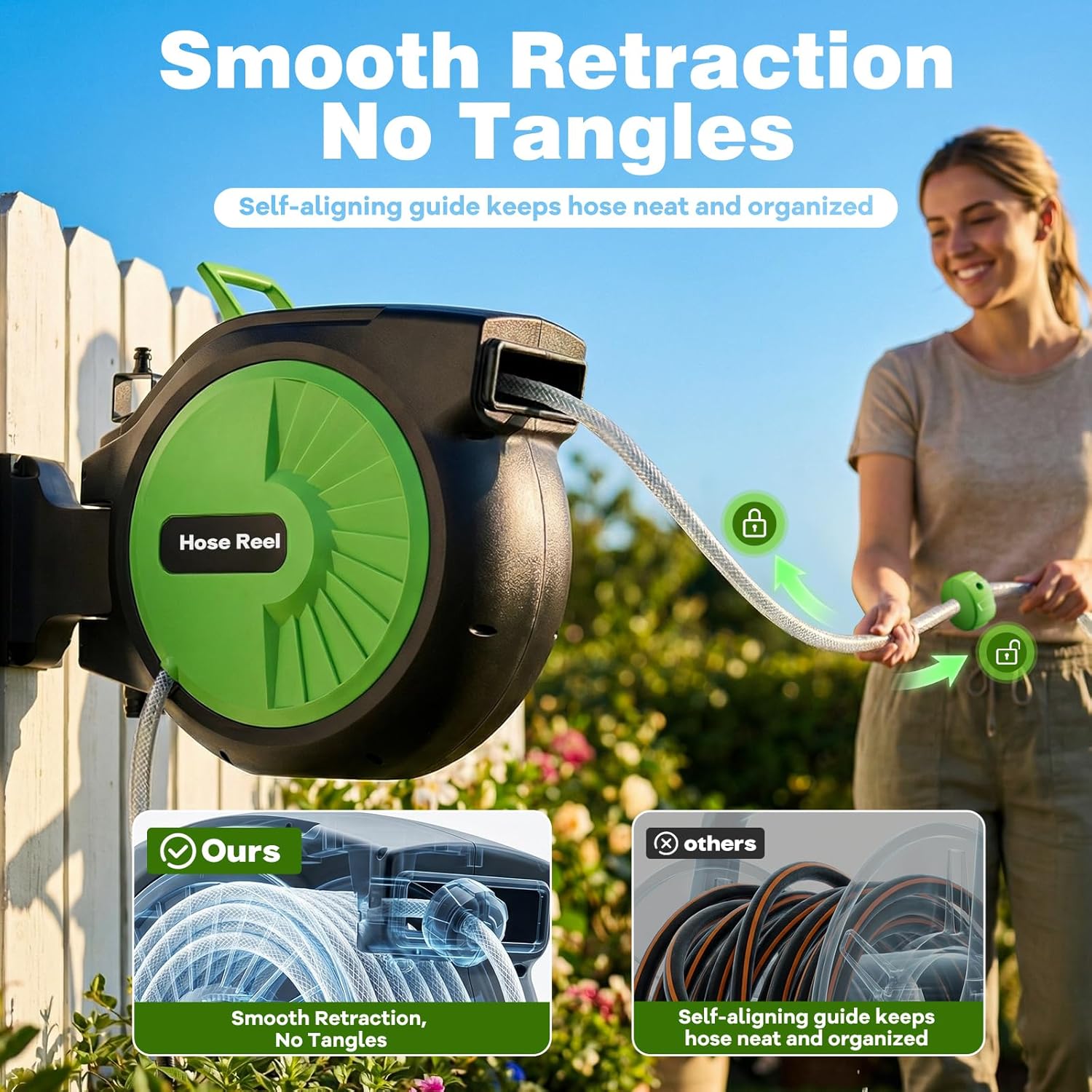 Retractable Garden Hose Reel 100FT x 1/2 in, Wall Mount Water Hose Reel for Outside with Auto Rewind, Tangle-Free Guide, 180° Swivel Bracket, Lock at Any Length, High-Pressure Flow, 10-Pattern Nozzle