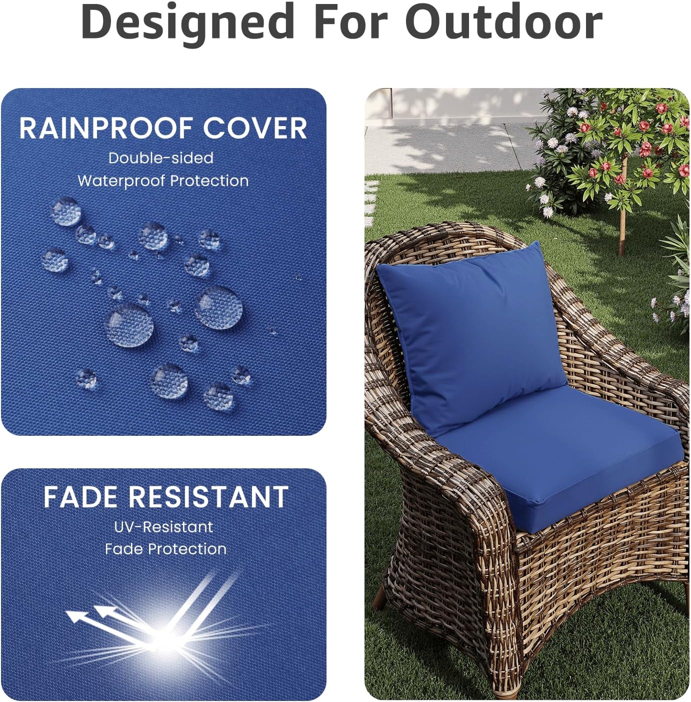 PatioGlow Outdoor Chair Cushions 19 x 19 x 3 Inch, Waterproof & Fade Resistant Patio Seat Cushion for Furniture with Handle and Ties, Thick Seating Pads for Outside Sofa Couch Set of 2, Blue