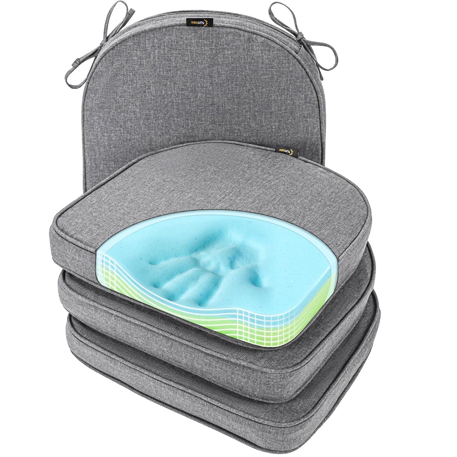 SUNROX Gel Memory Foam Chair Cushions, FadeShield Water-, Stain-Resistant Durable Reversible Seat Cushion Pads with Ties for Indoor/Outdoor Kitchen Dining Office 17"x16" Set of 4, Husk Birch