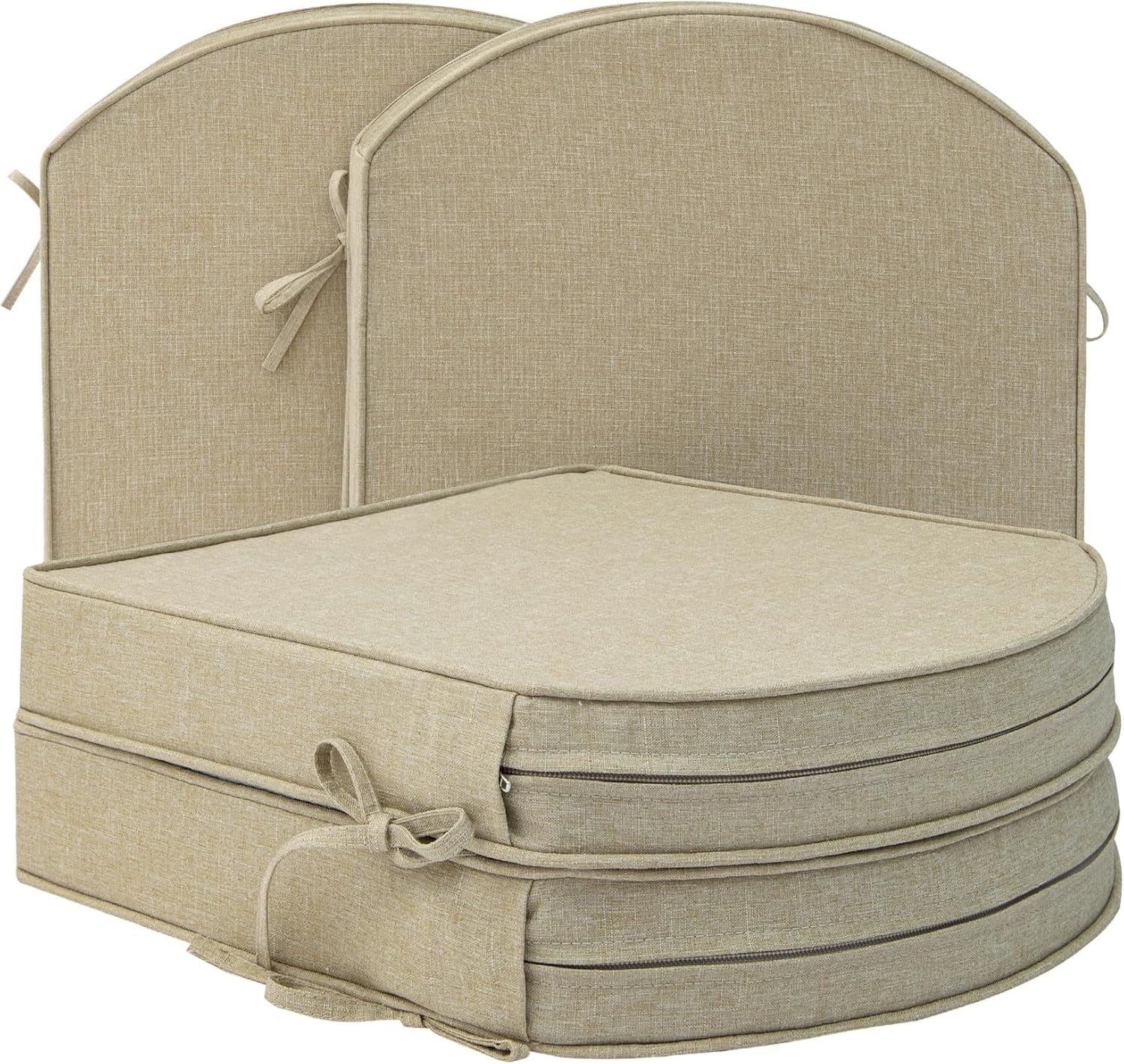 Outdoor Chair Cushions, Fade-Resistant & Water-Resistant, D Shaped Patio Furniture Seat Chair Pads Replacement with Ties, Non-Slip Bottom, Removable Cover, Set of 4, 17 x 16 Inch, Natural