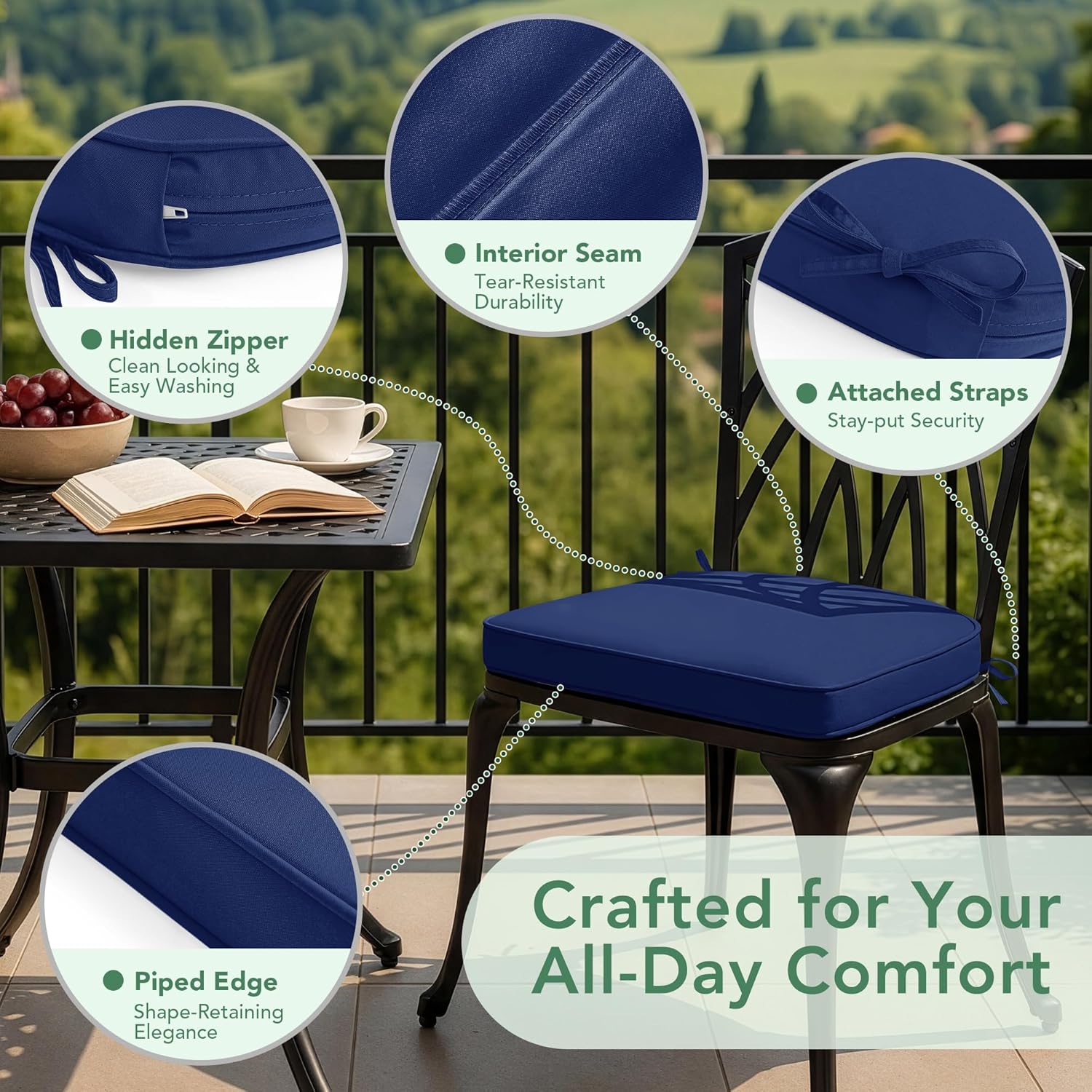 Outdoor Chair Cushions Set of 4: Waterproof & Fade Resistant Patio Furniture Cushions - 17 x 16 x 2 Inch Non Slip Round Corner Seat Cushion Pads with Removable Cover for Garden Yard Lawn, Navy Blue