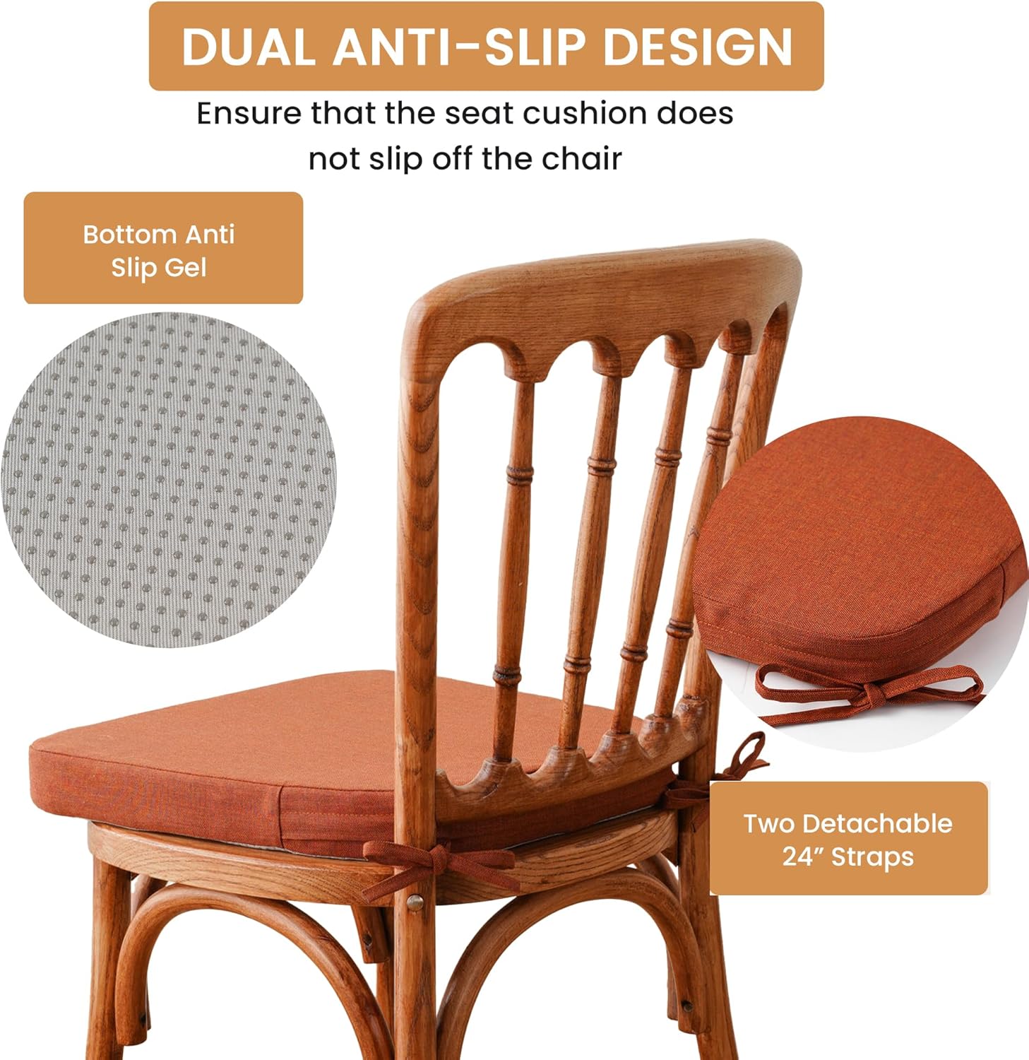 Battilo Chair Cushions for Dining Chairs with Ties, Outdoor Waterproof Kitchen Chair Pad with Non-Slip Backing, Seat Cushions with Machine Washable Removable Cover, 16"x16"x2", Set of 2, Caramel