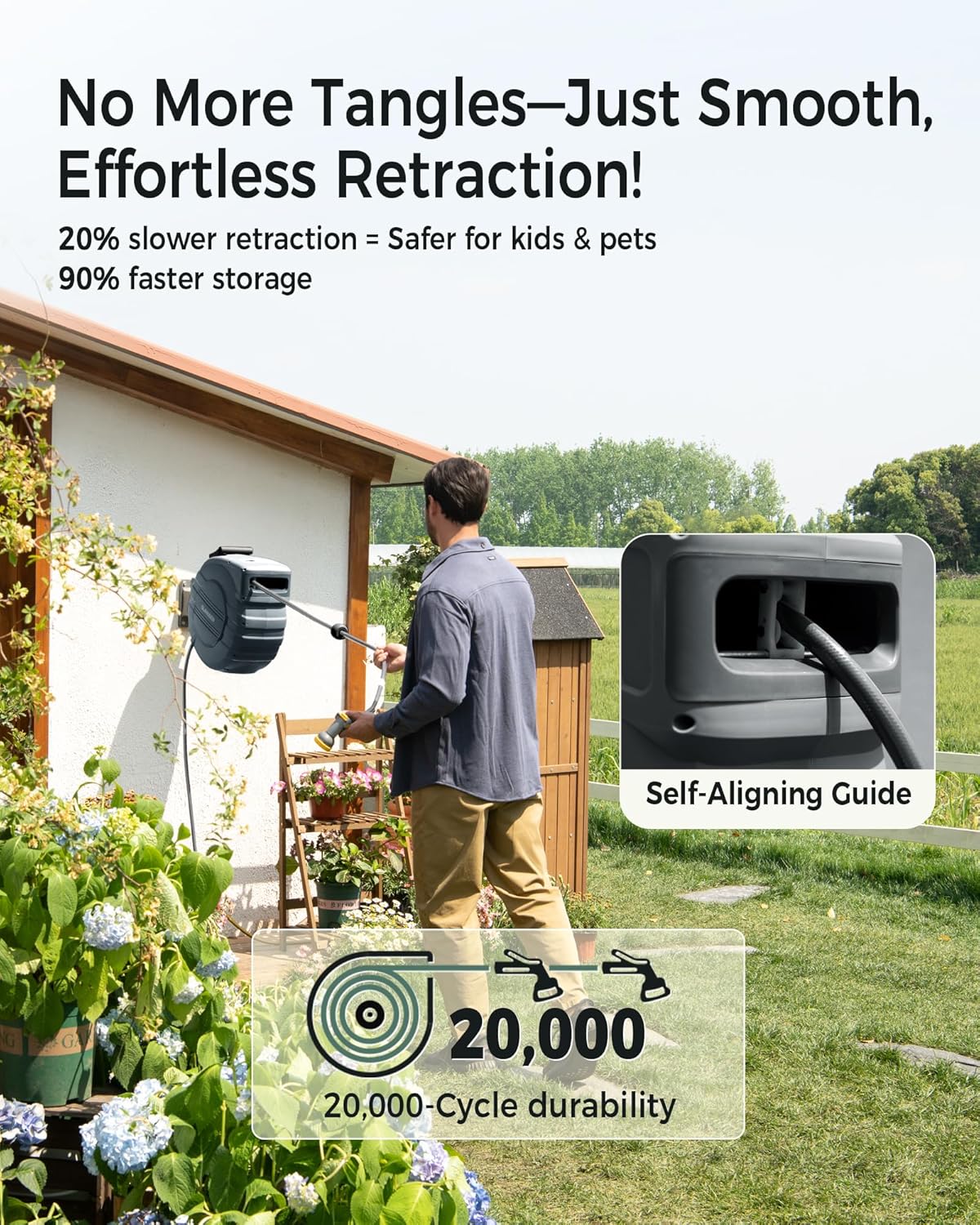 GLAHODEN Retractable Garden Hose Reel 1/2 in x 100 ft, 2025 Upgraded Dual Ratchet Lock UV & Freeze Protection Brass Seal Slow Retraction Anti-Tangle Hose 180°Swivel Reinforced Scaffold Wall Mount