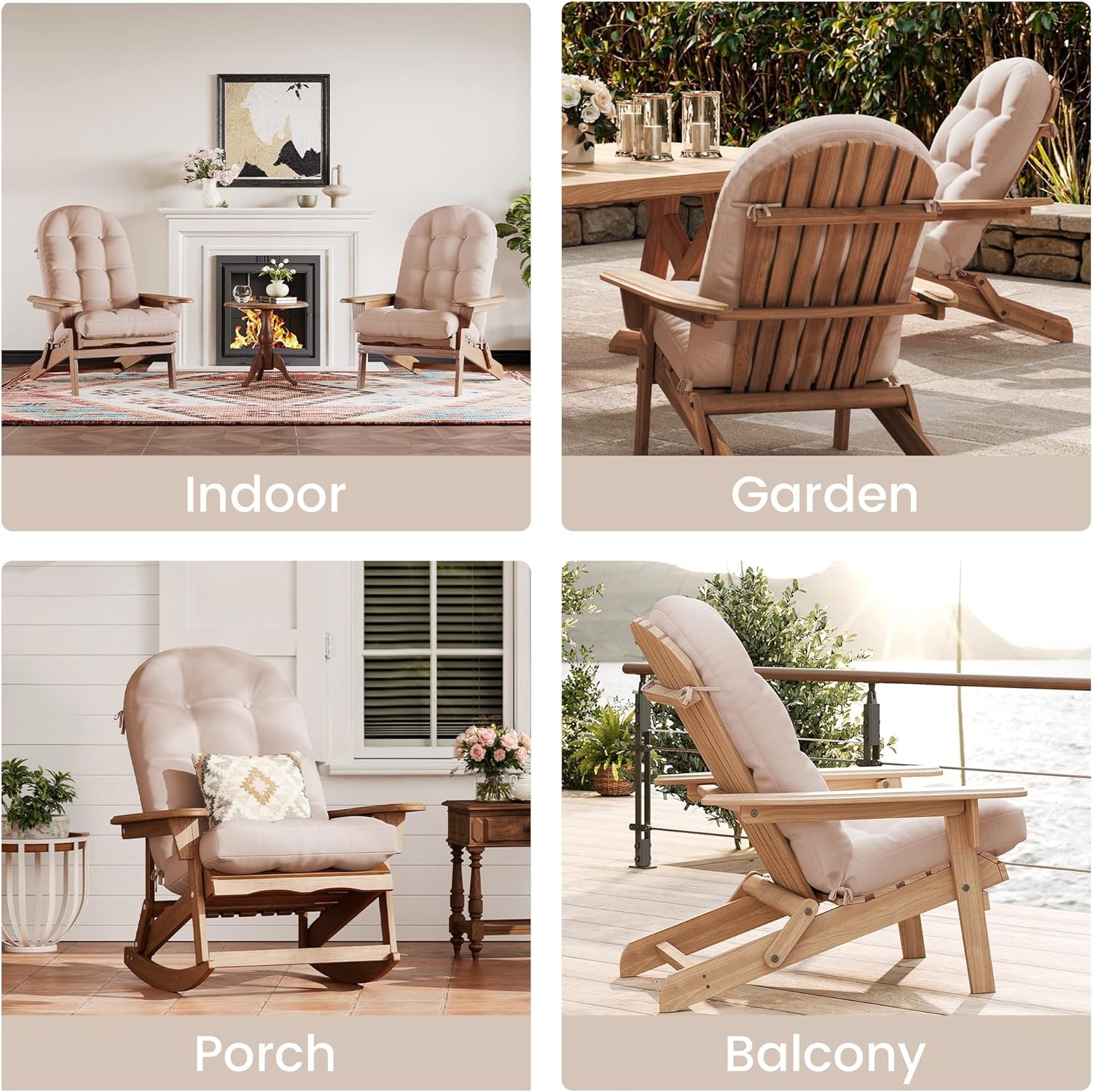 UDPATIO Adirondack Chair Cushion with Ties - Fade-Resistant Waterproof Outdoor Recliner High Back Seat Pads for Rocking Chairs, Patio, Deck, Porch, Lawn (Upper & Lower Back Support),Light Beige,1 PC