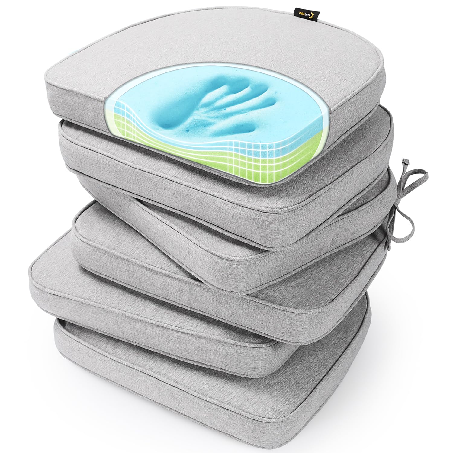 SUNROX Gel Memory Foam Chair Cushions, FadeShield Water-, Stain-Resistant Durable Reversible Seat Cushion Pads with Ties for Indoor/Outdoor Kitchen Dining Office 17"x16" Set of 4, Husk Birch