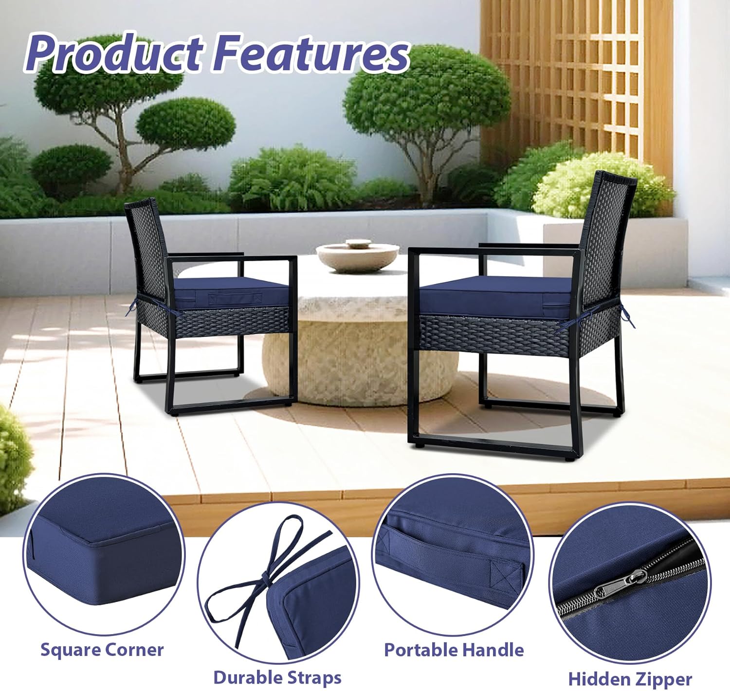 IPYNBAP Outdoor Chair Cushions Set of 4 -Waterproof Outdoor Seat Cushions for Patio Furniture, Patio Chair Cushion with Handle and Ties, Square Out Door Chair Pads,19" x 19" x 3", Navy Blue