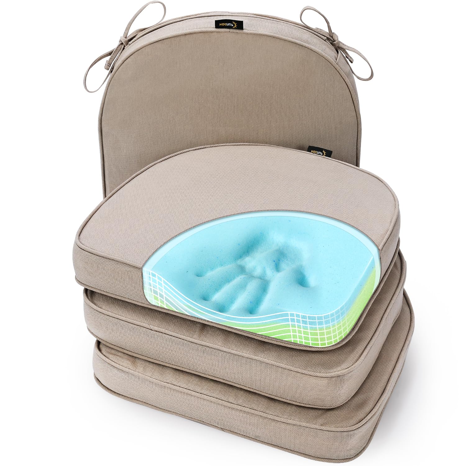 SUNROX Gel Memory Foam Chair Cushions, FadeShield Water-, Stain-Resistant Durable Reversible Seat Cushion Pads with Ties for Indoor/Outdoor Kitchen Dining Office 17"x16" Set of 4, Husk Birch