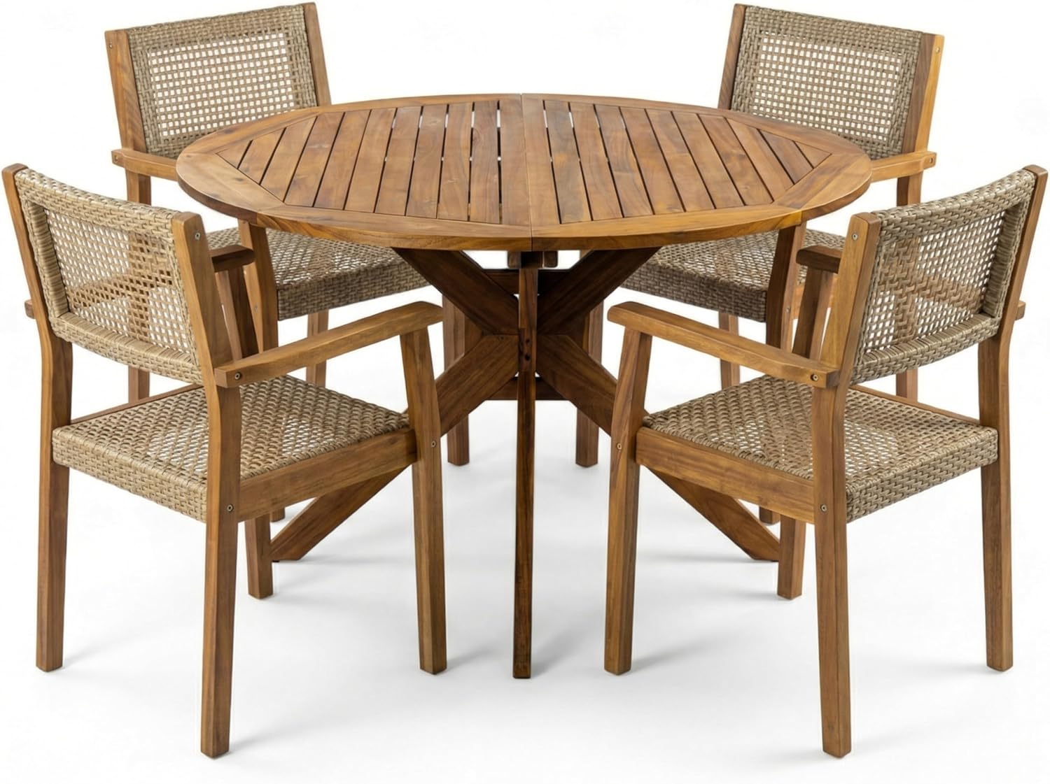 Christopher Knight Home Amaris Acacia Wood Patio Dining Set for 4, Solid Wood Outdoor Dining Table Set for 4, Round Dining Table and Chairs Set of 4, Teak+Light Brown