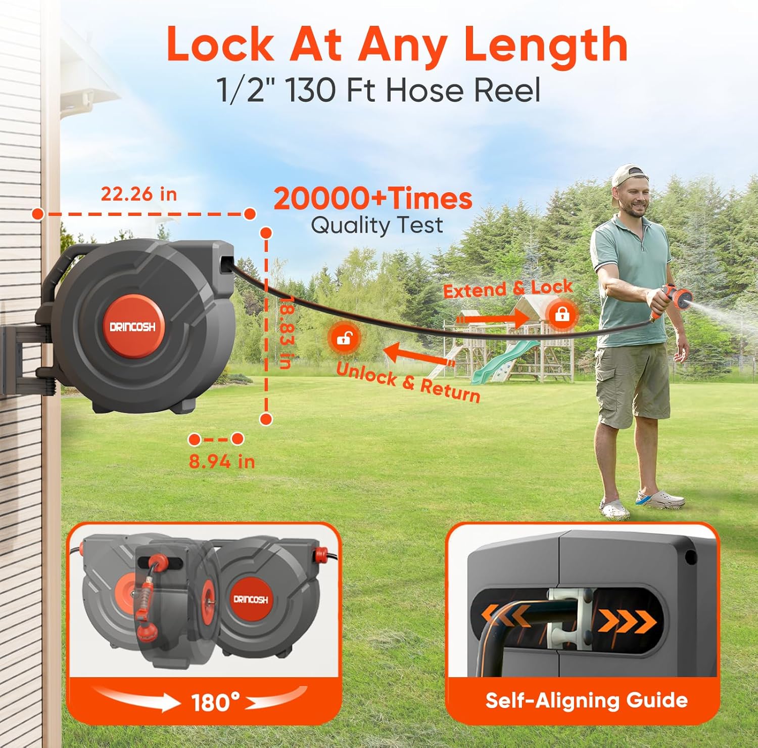 Retractable Garden Hose Reel 130 ft 1/2 inch Automatic Rewind with Any-Length Lock 9 Pattern Nozzle 180° Swivel Wall-Mounted Hose Reel for Home Yards