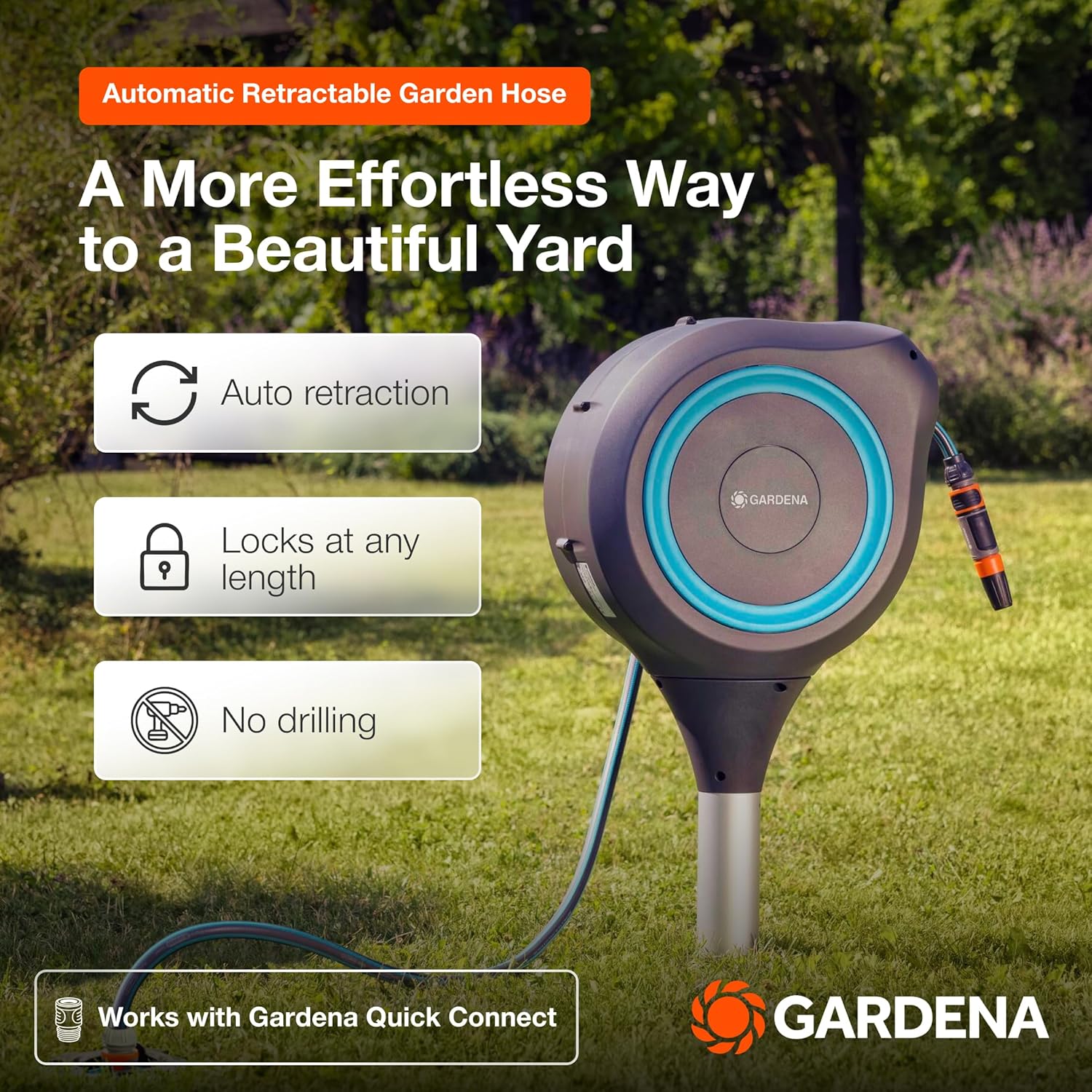 GARDENA 18614 | 66' x 1/2" Automatic Retractable Garden Hose Reel on Metal Spike, Outside Garden Hose with 360° swivel. No Holes in your house, Easy Installation, No Tools Required