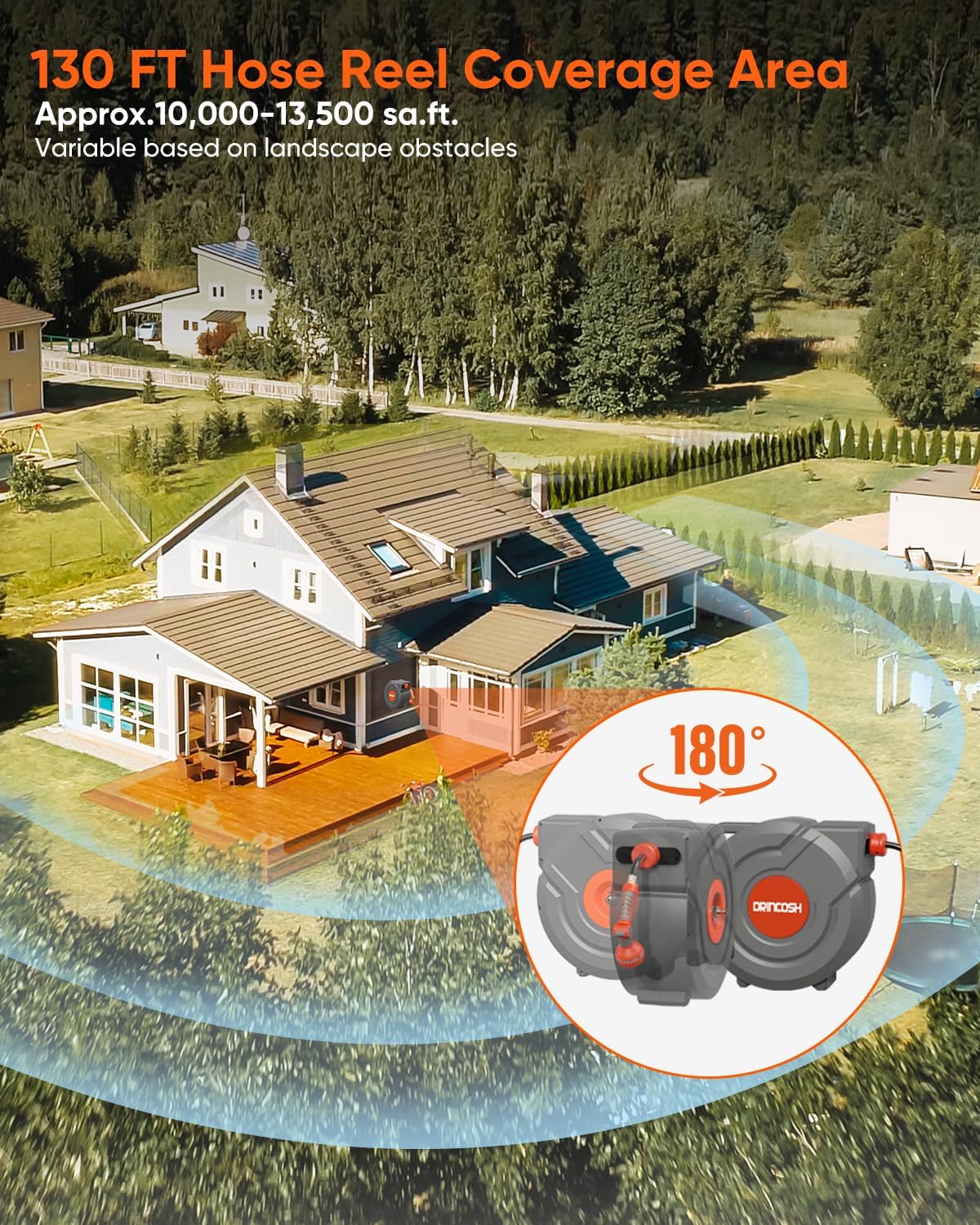 Retractable Garden Hose Reel 130 ft 1/2 inch Automatic Rewind with Any-Length Lock 9 Pattern Nozzle 180° Swivel Wall-Mounted Hose Reel for Home Yards