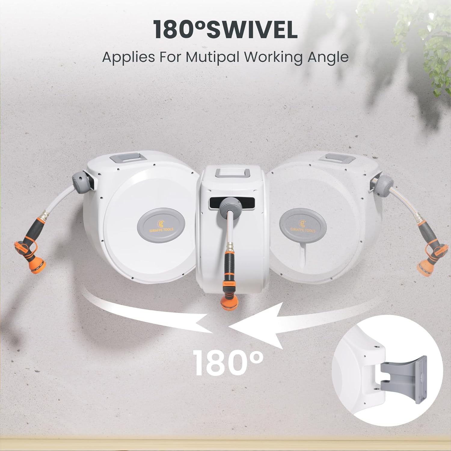 Giraffe Tools CW20 Retractable Garden Hose Reel 5/8" x 60 ft Heavy Duty Water Hose Reel, Swivel Bracket, Any Length Lock, Light Grey