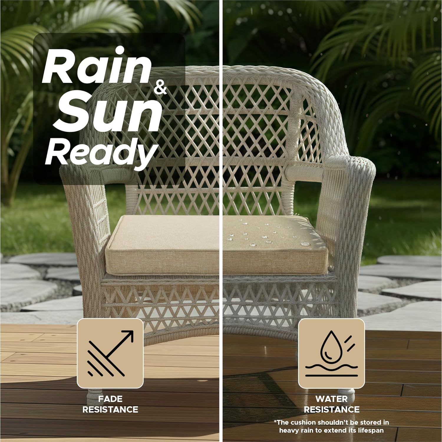 Outdoor Chair Cushions, Water-Resistant & Fade-Resistant, Patio Furniture Square Seat Replacement Chair Pads with Ties, Removable Cover, Non-Slip Bottom, Set of 4, 19 x 19 Inch, Natural