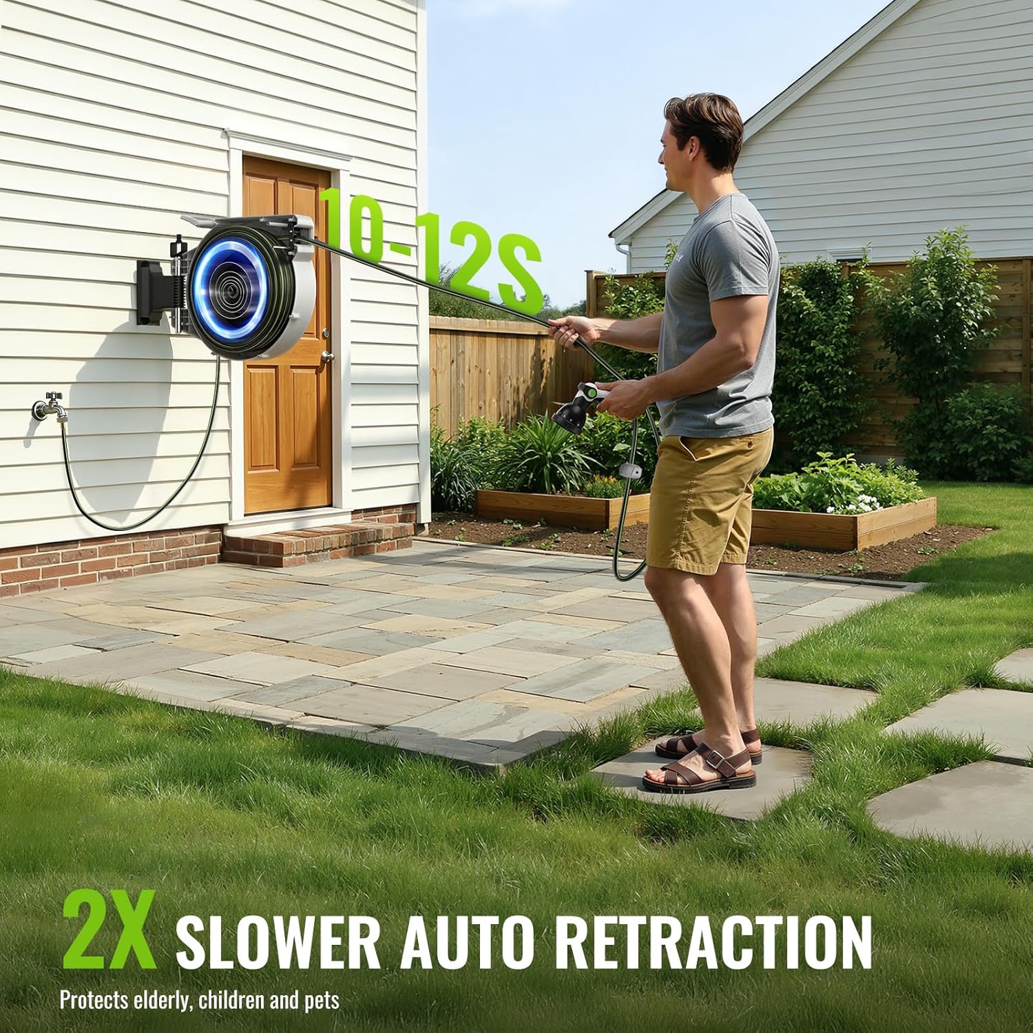 Retractable Garden Hose Reel 100ft, 1/2'' Wall Mounted Water Hose Reel Heavy Duty with 10 Pattern Nozzle, Slow Auto Rewind, Any Length Lock, 180° Swivel Bracket