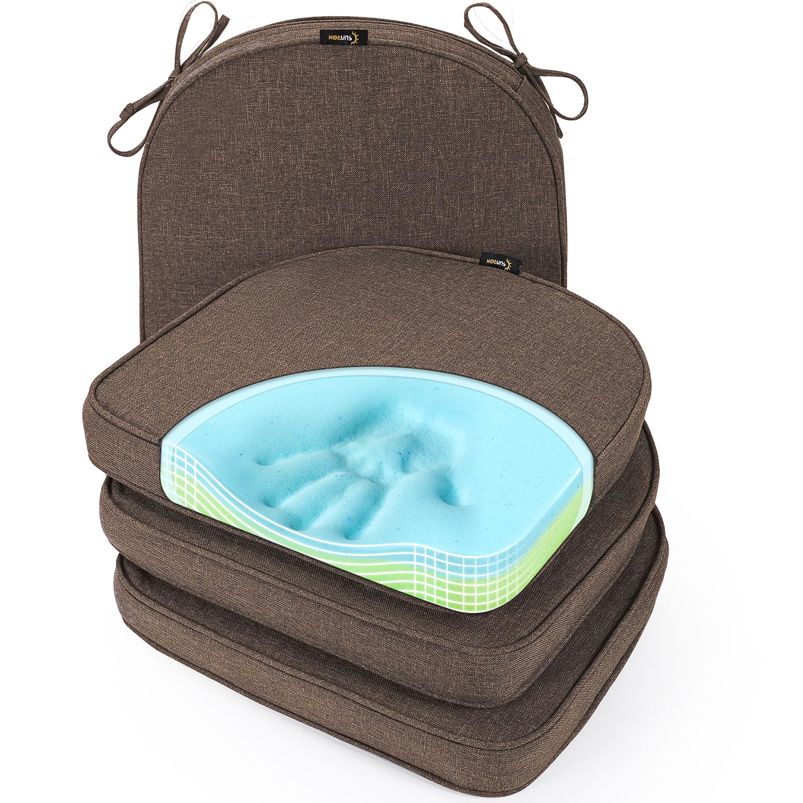 SUNROX Gel Memory Foam Chair Cushions, FadeShield Water-, Stain-Resistant Durable Reversible Seat Cushion Pads with Ties for Indoor/Outdoor Kitchen Dining Office 17"x16" Set of 4, Husk Birch