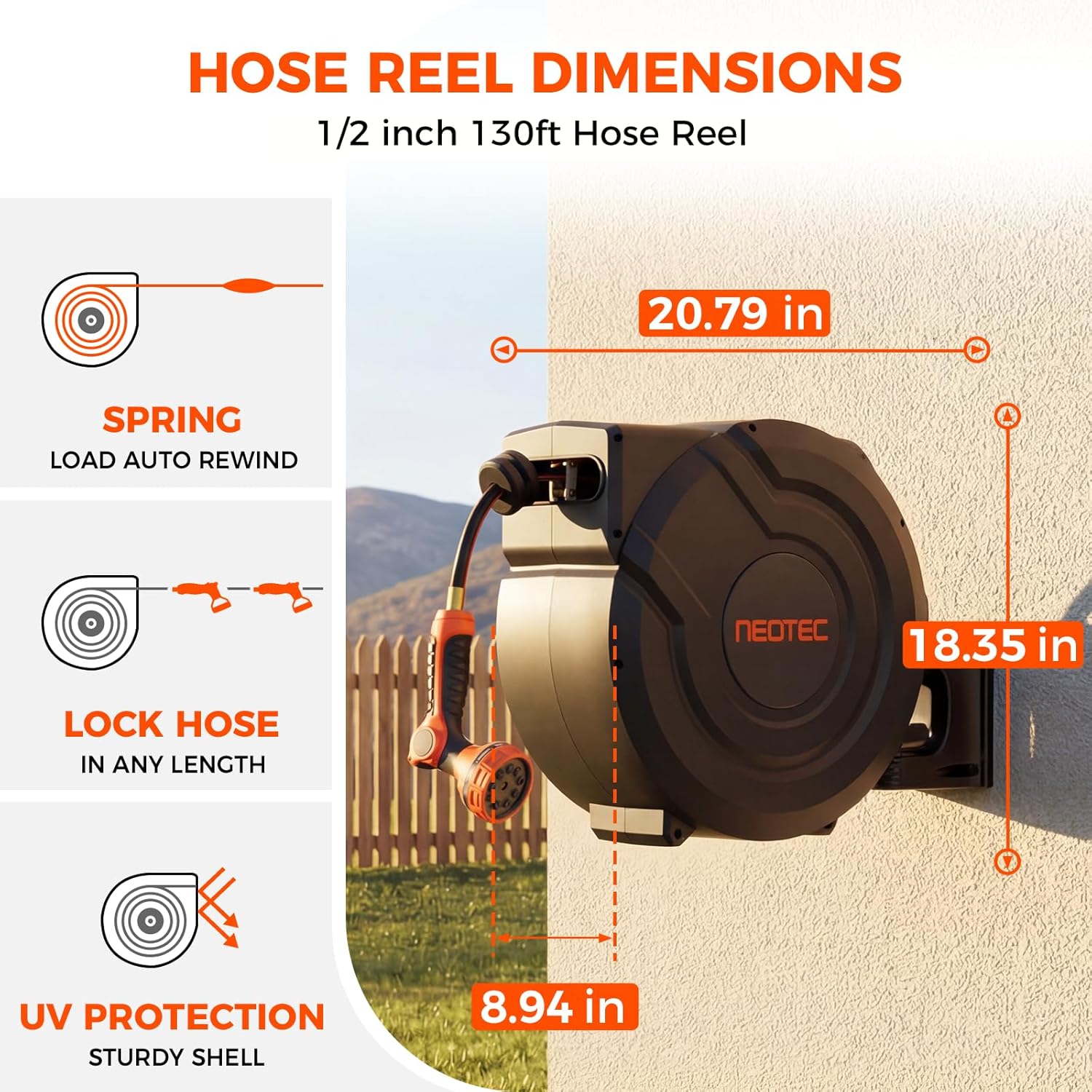 Upgraded Retractable Garden Hose Reel 1/2" x 130 ft Any Length Lock 9 Pattern Nozzle Wall-Mounted Automatic Slow Return 180° Swivel UV Resistant Heavy Duty Hose Reels for Outside