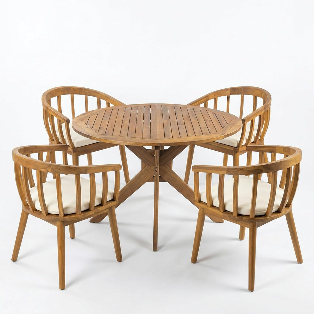 Christopher Knight Home Belas Acacia Wood Patio Dining Set for 4, Solid Wood Outdoor Dining Table Set for 4, Round Dining Table and Chairs Set of 4 with Cushion, Teak+Beige