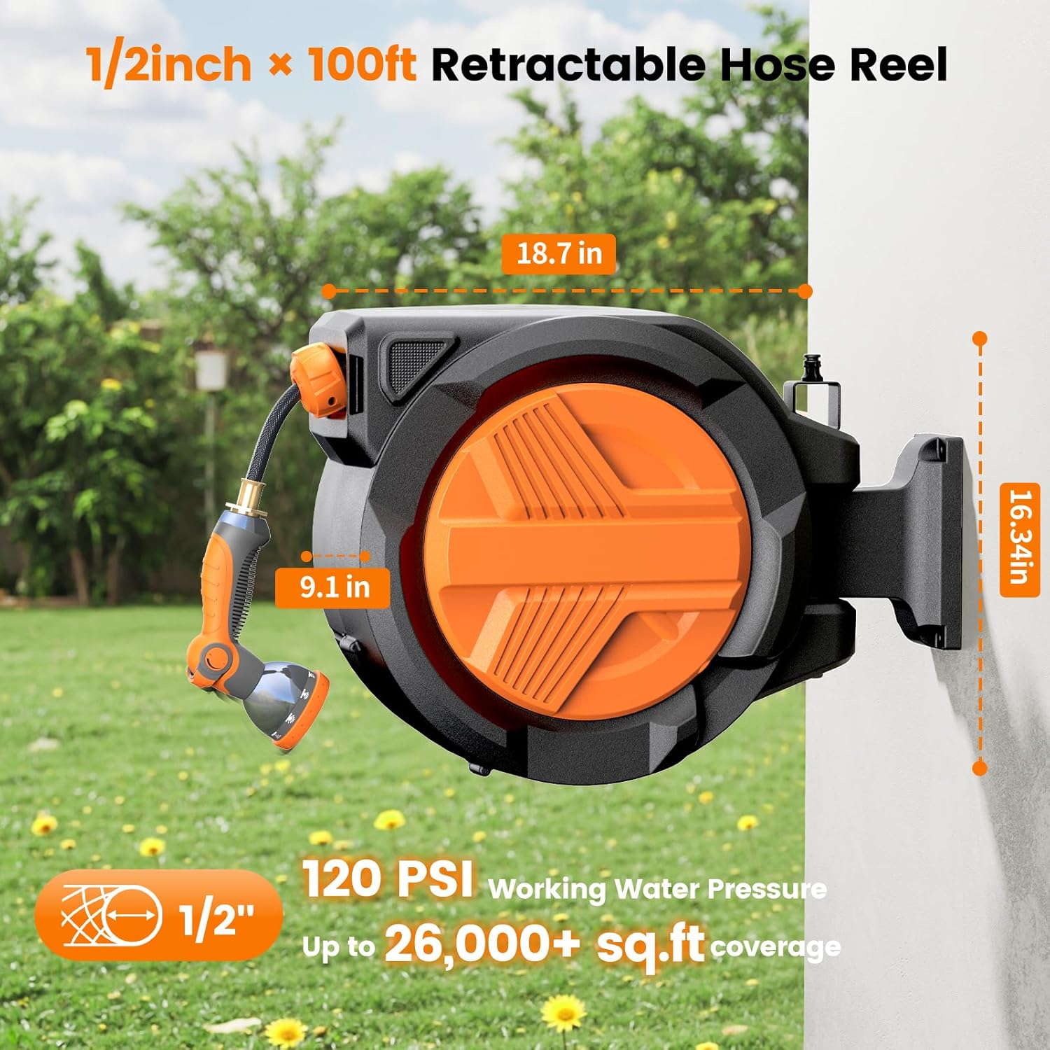 Retractable Garden Hose Reel 1/2” x 100ft, Auto Rewind Hose Reels for Outside, Heavy-Duty Wall-Mounted Outdoor Hose, 10-Mode Nozzle, Adjustable Length, 180° Rotation for Watering, Car & Pet Washing