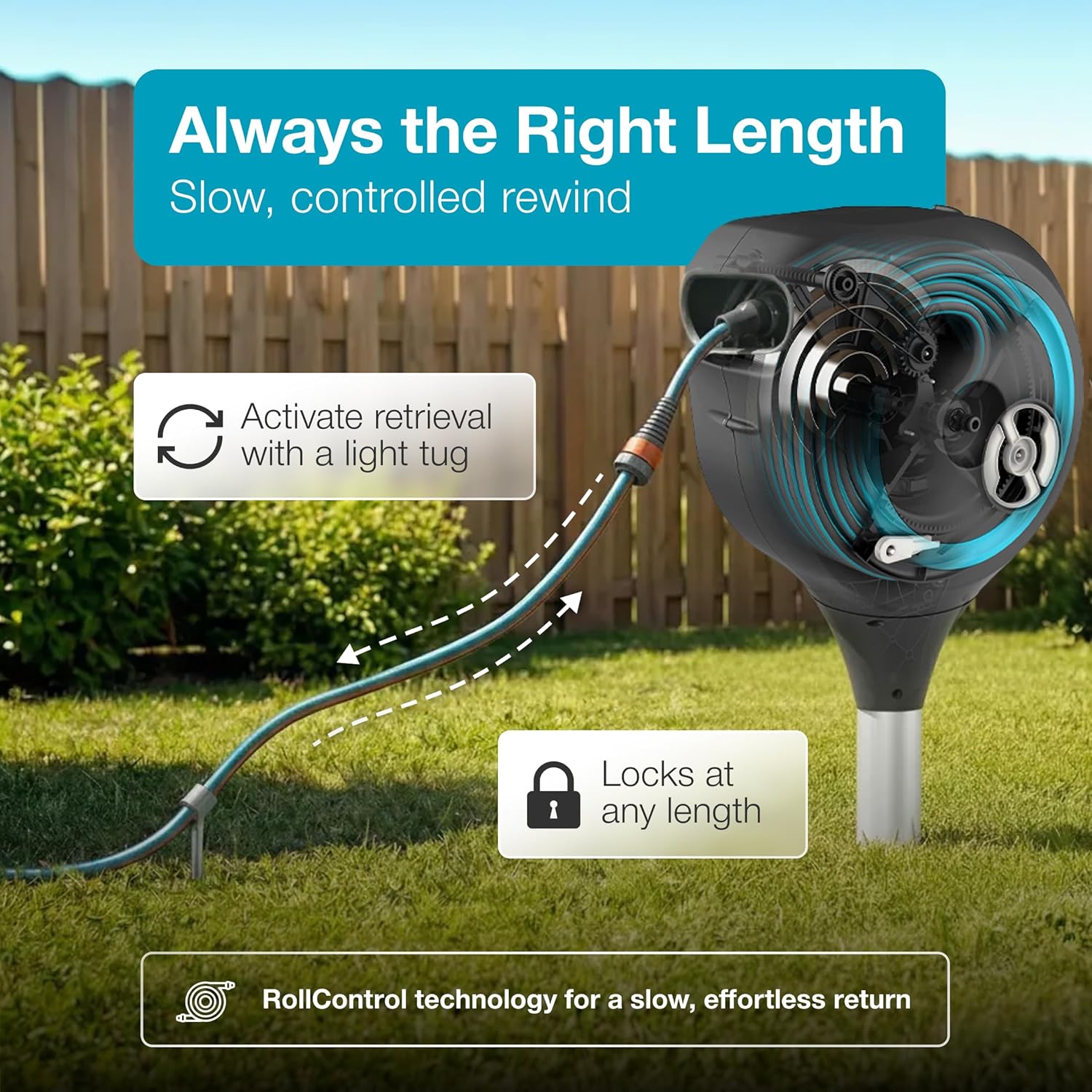 GARDENA 18614 | 66' x 1/2" Automatic Retractable Garden Hose Reel on Metal Spike, Outside Garden Hose with 360° swivel. No Holes in your house, Easy Installation, No Tools Required