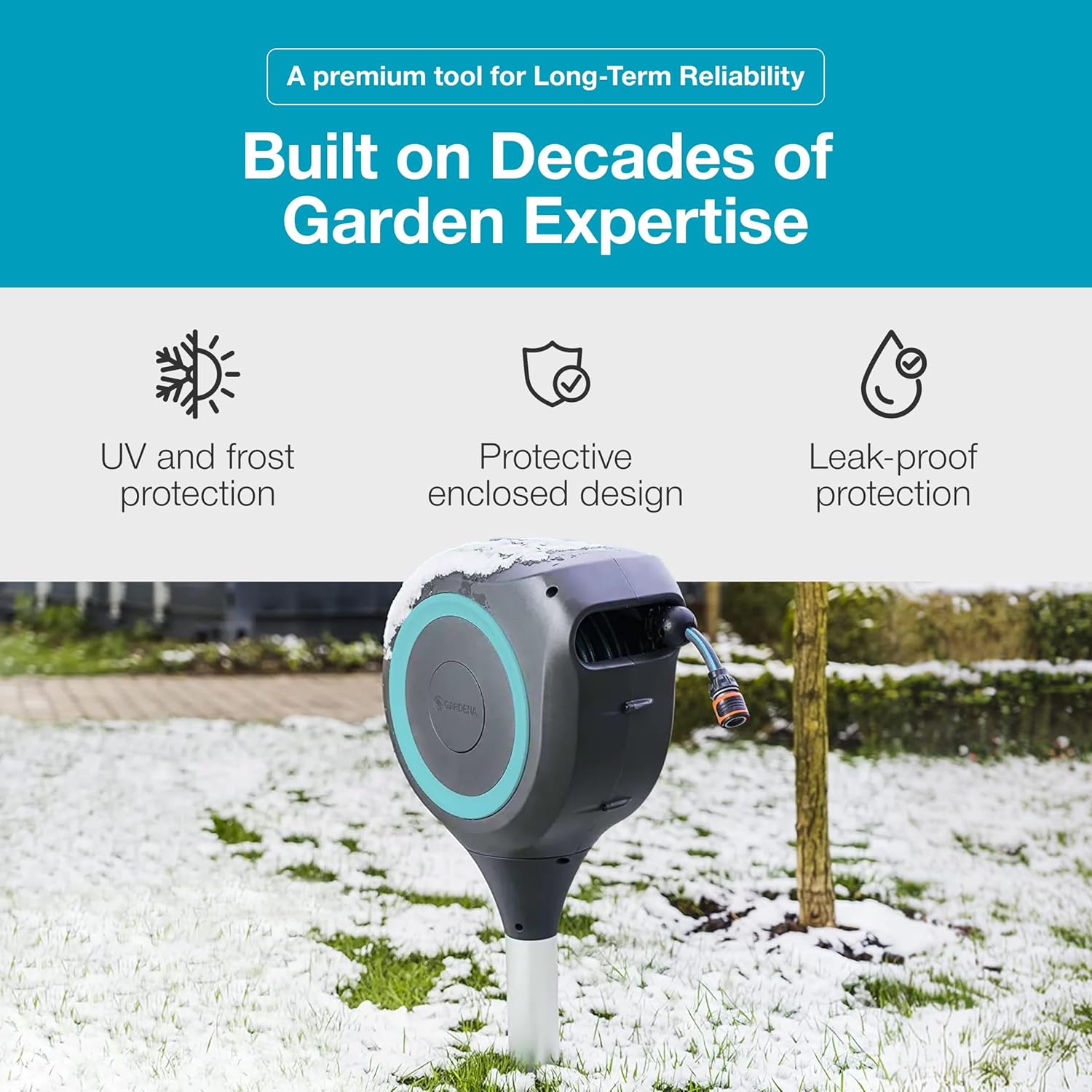 GARDENA 18614 | 66' x 1/2" Automatic Retractable Garden Hose Reel on Metal Spike, Outside Garden Hose with 360° swivel. No Holes in your house, Easy Installation, No Tools Required