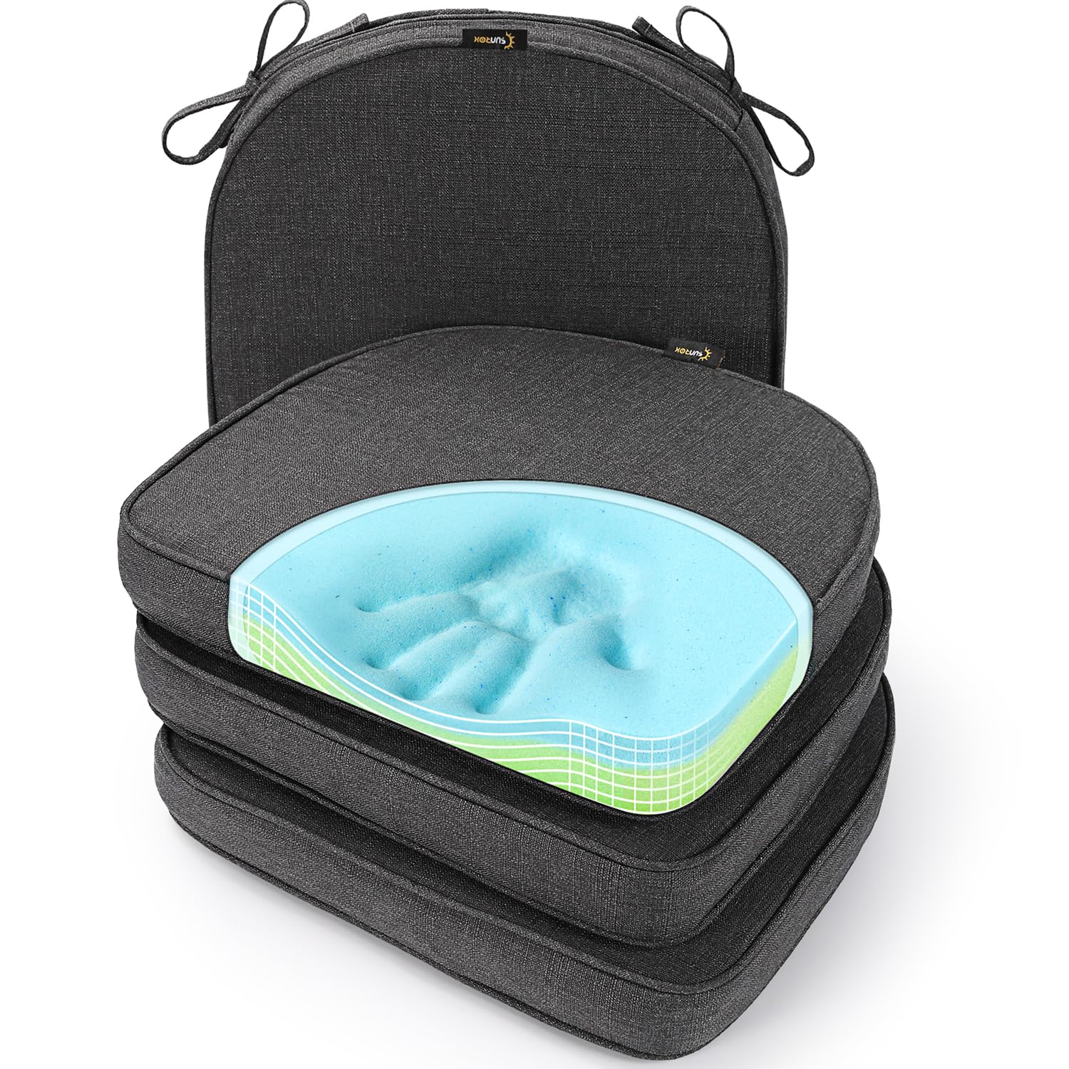 SUNROX Gel Memory Foam Chair Cushions, FadeShield Water-, Stain-Resistant Durable Reversible Seat Cushion Pads with Ties for Indoor/Outdoor Kitchen Dining Office 17"x16" Set of 4, Husk Birch