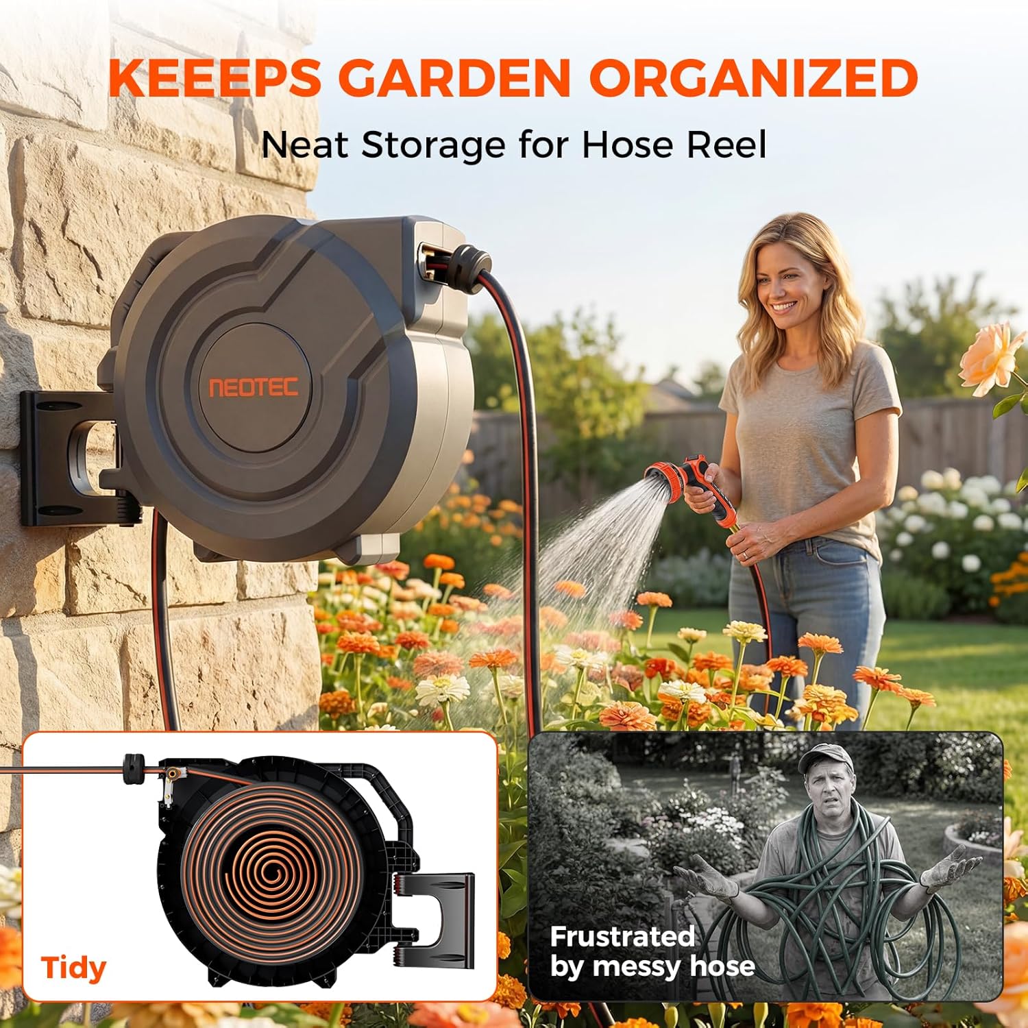 Upgraded Retractable Garden Hose Reel 1/2" x 130 ft Any Length Lock 9 Pattern Nozzle Wall-Mounted Automatic Slow Return 180° Swivel UV Resistant Heavy Duty Hose Reels for Outside