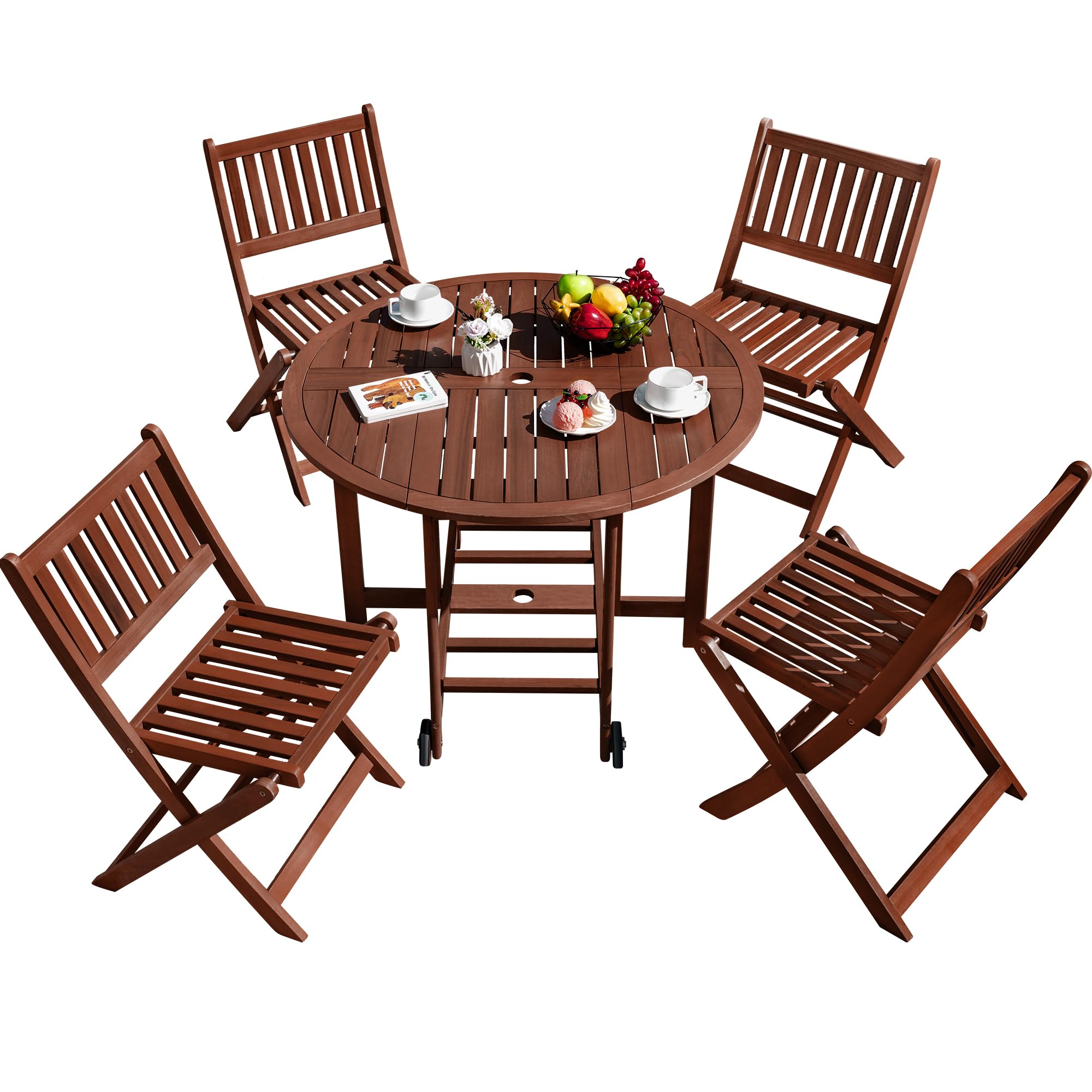 Greesum 5 Piece Patio Dining Set Outdoor Acacia Wood Furniture All-Weather Folding Round Table and Chairs for Backyard, Balcony, Porch, Deck, Garden, Light Brown