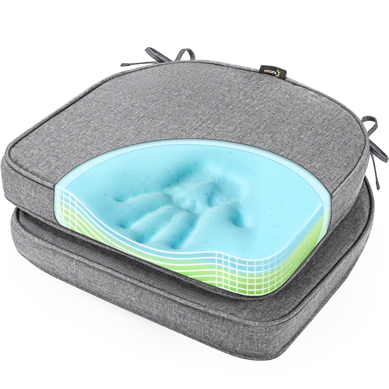 SUNROX Gel Memory Foam Chair Cushions, FadeShield Water-, Stain-Resistant Durable Reversible Seat Cushion Pads with Ties for Indoor/Outdoor Kitchen Dining Office 17"x16" Set of 4, Husk Birch