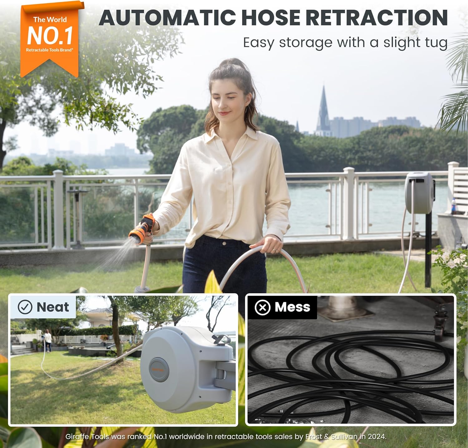 Giraffe Tools CW20 Retractable Garden Hose Reel 5/8" x 60 ft Heavy Duty Water Hose Reel, Swivel Bracket, Any Length Lock, Light Grey