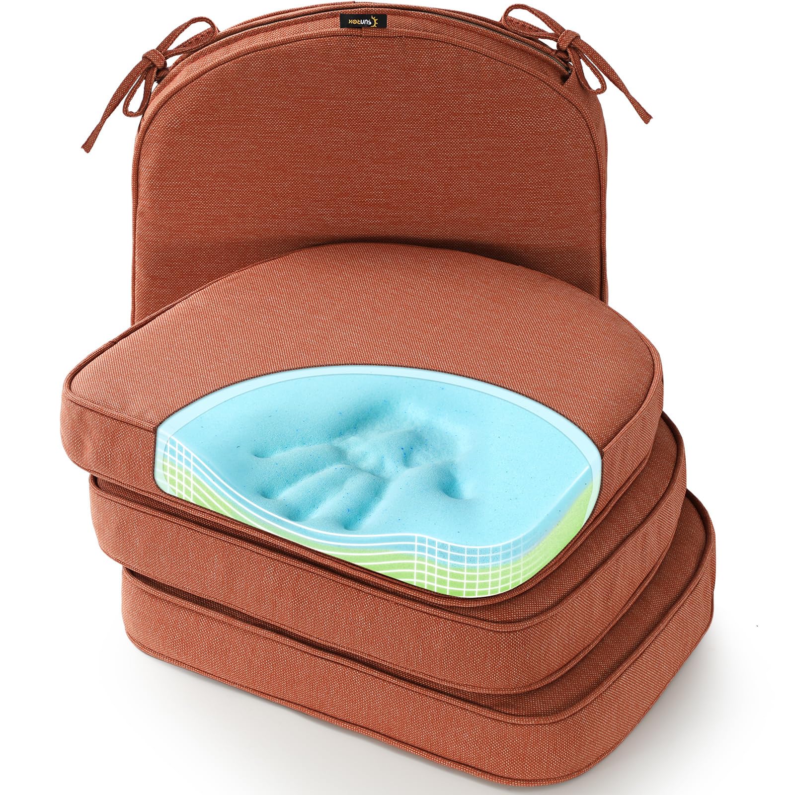 SUNROX Gel Memory Foam Chair Cushions, FadeShield Water-, Stain-Resistant Durable Reversible Seat Cushion Pads with Ties for Indoor/Outdoor Kitchen Dining Office 17"x16" Set of 4, Husk Birch