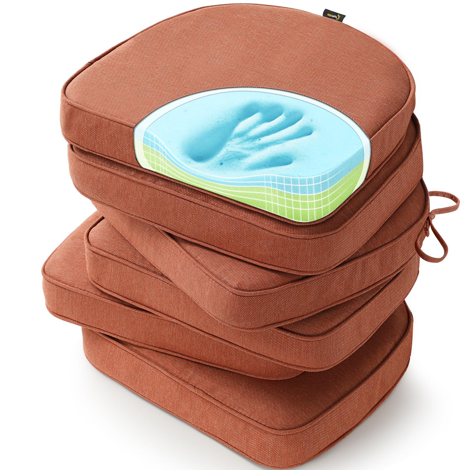 SUNROX Gel Memory Foam Chair Cushions, FadeShield Water-, Stain-Resistant Durable Reversible Seat Cushion Pads with Ties for Indoor/Outdoor Kitchen Dining Office 17"x16" Set of 4, Husk Birch