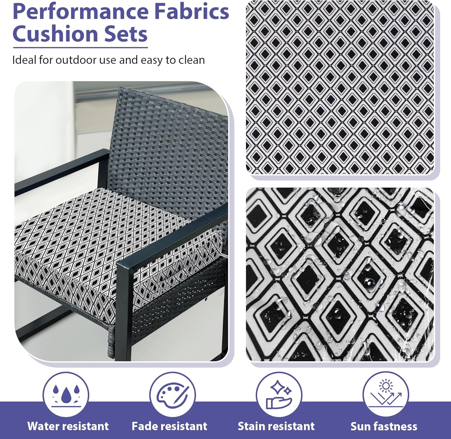 IPYNBAP Outdoor Chair Cushions Set of 4,Waterproof Outdoor Seat Cushions for Patio Furniture,Patio Chair Cushion with Handle and Ties, Out Door Chair Pads,19" x 19" x 3", Black Geometry