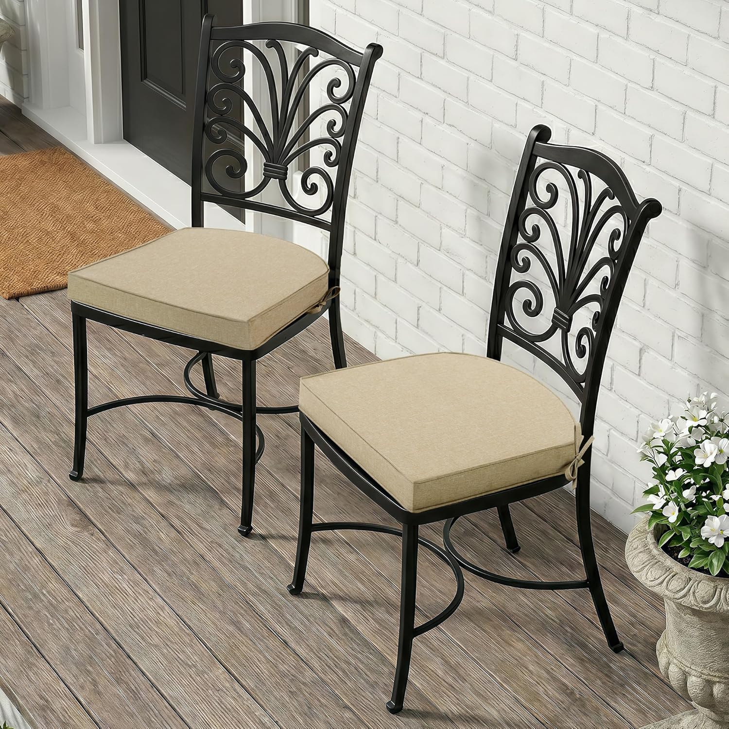 Outdoor Chair Cushions, Fade-Resistant & Water-Resistant, D Shaped Patio Furniture Seat Chair Pads Replacement with Ties, Non-Slip Bottom, Removable Cover, Set of 4, 17 x 16 Inch, Natural