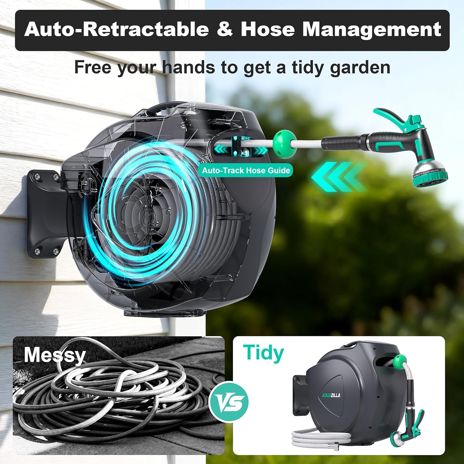 Retractable Garden Hose Reel - 5/8 in x 100 ft Automatic Wall Mount Heavy Duty Automatic Water Hose Reel with 9 Patterns Nozzle, Kink-Resistant Hose, 180° Swivel, Auto-Lock for Outdoor Watering