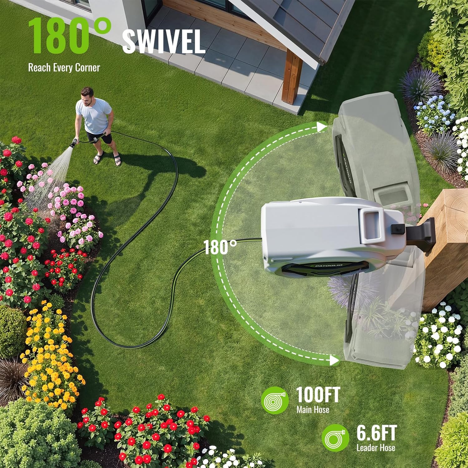 Retractable Garden Hose Reel 100ft, 1/2'' Wall Mounted Water Hose Reel Heavy Duty with 10 Pattern Nozzle, Slow Auto Rewind, Any Length Lock, 180° Swivel Bracket