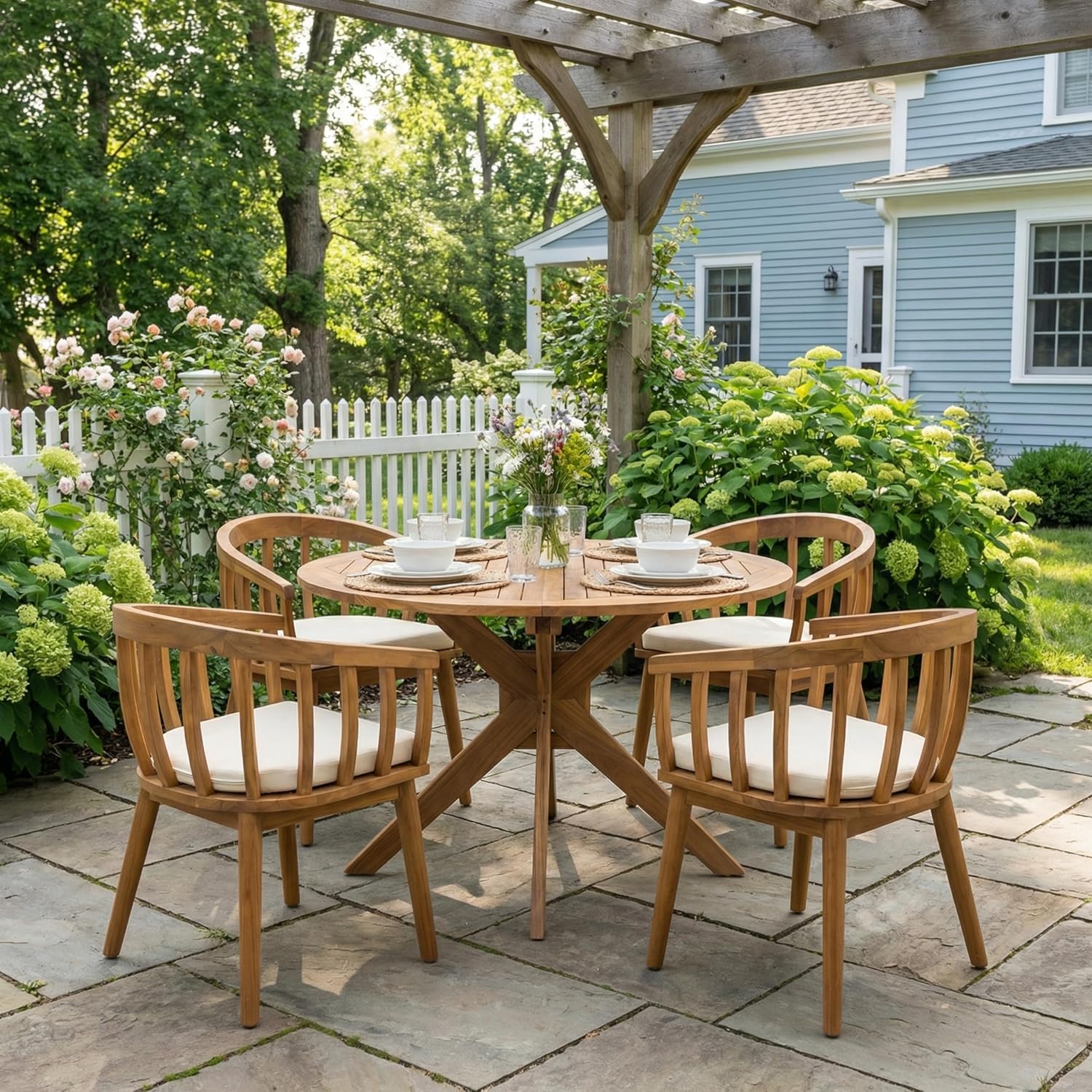 Christopher Knight Home Belas Acacia Wood Patio Dining Set for 4, Solid Wood Outdoor Dining Table Set for 4, Round Dining Table and Chairs Set of 4 with Cushion, Teak+Beige