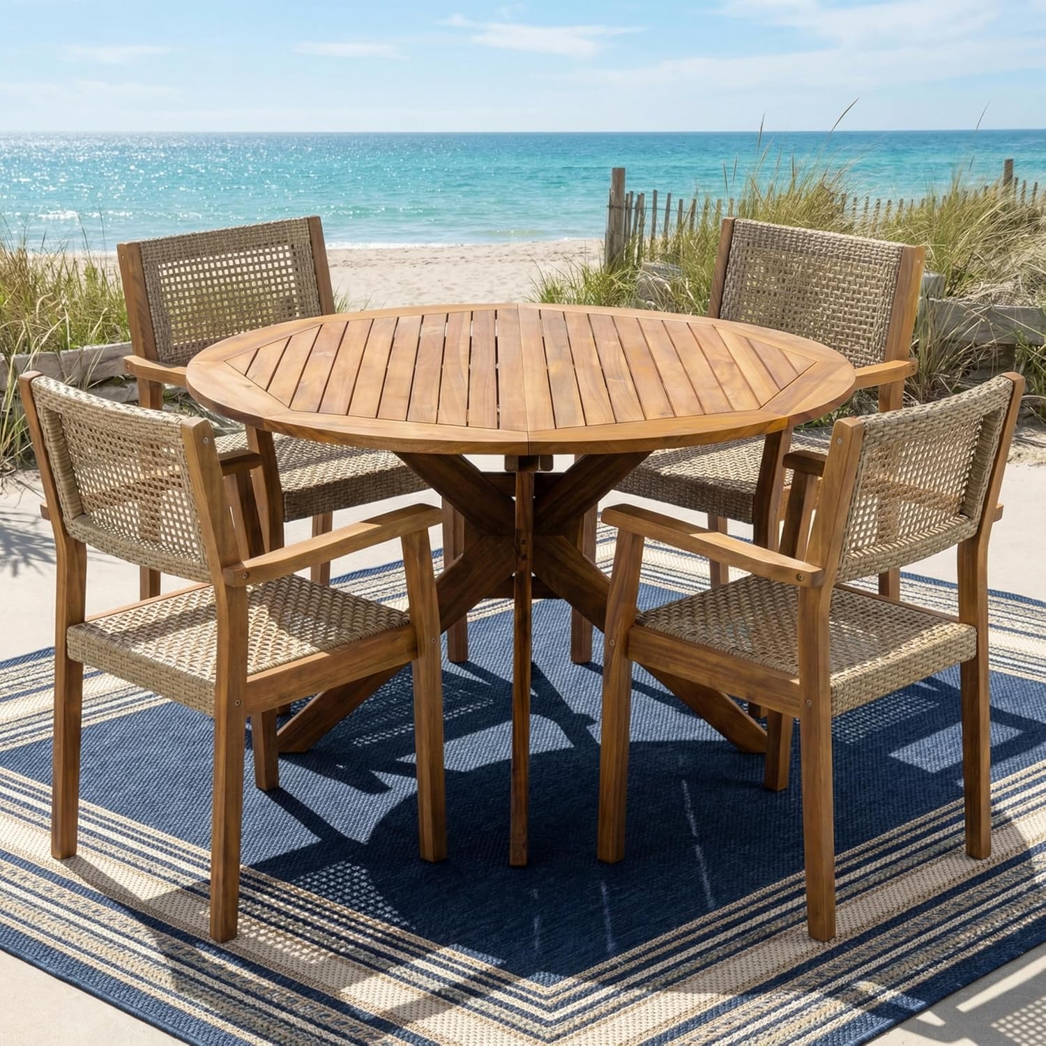 Christopher Knight Home Amaris Acacia Wood Patio Dining Set for 4, Solid Wood Outdoor Dining Table Set for 4, Round Dining Table and Chairs Set of 4, Teak+Light Brown