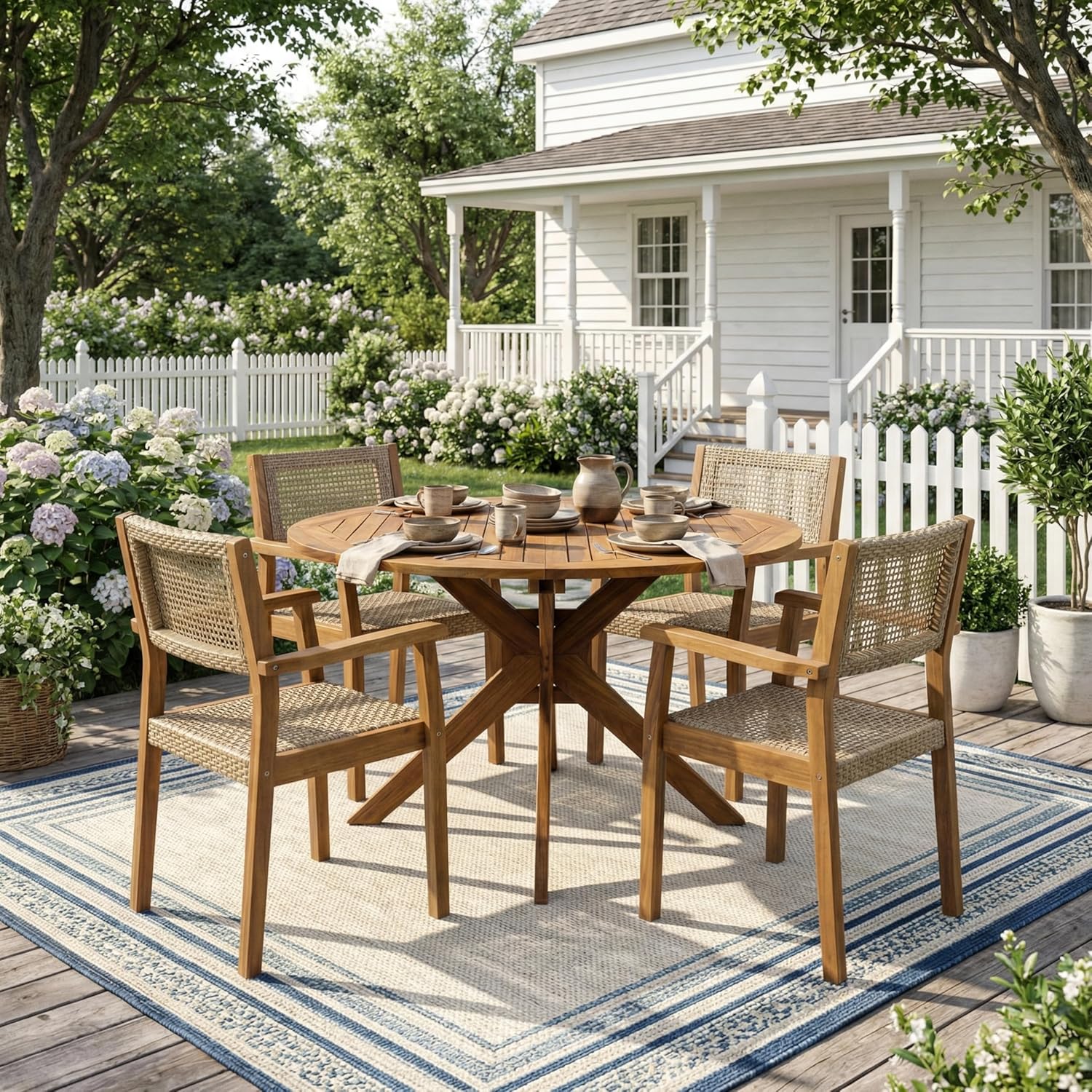 Christopher Knight Home Amaris Acacia Wood Patio Dining Set for 4, Solid Wood Outdoor Dining Table Set for 4, Round Dining Table and Chairs Set of 4, Teak+Light Brown