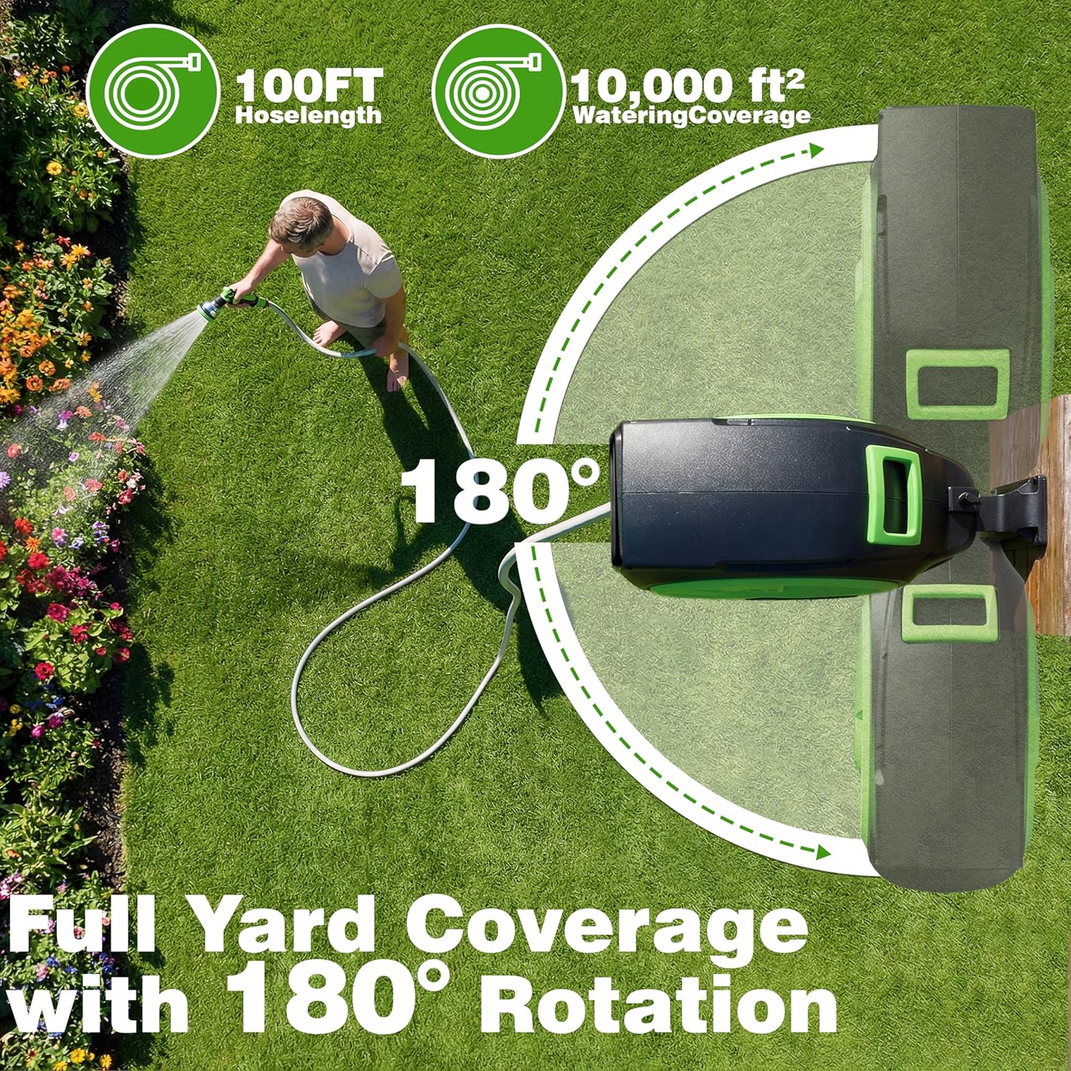 Retractable Garden Hose Reel 100FT x 1/2 in, Wall Mount Water Hose Reel for Outside with Auto Rewind, Tangle-Free Guide, 180° Swivel Bracket, Lock at Any Length, High-Pressure Flow, 10-Pattern Nozzle